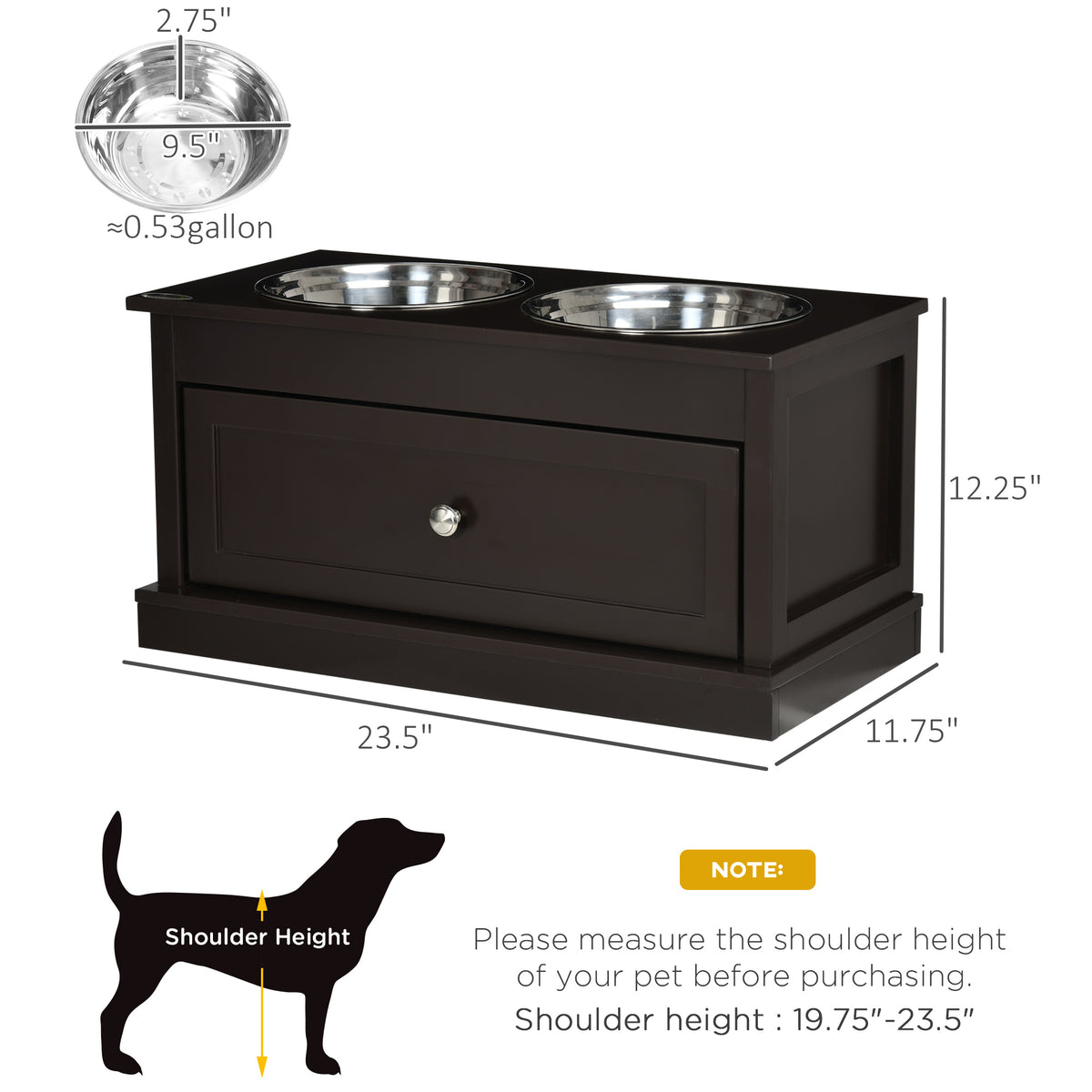 Elevated Dog Food Bowls with Storage Drawer - Large Pet Feeder Stand, Brown