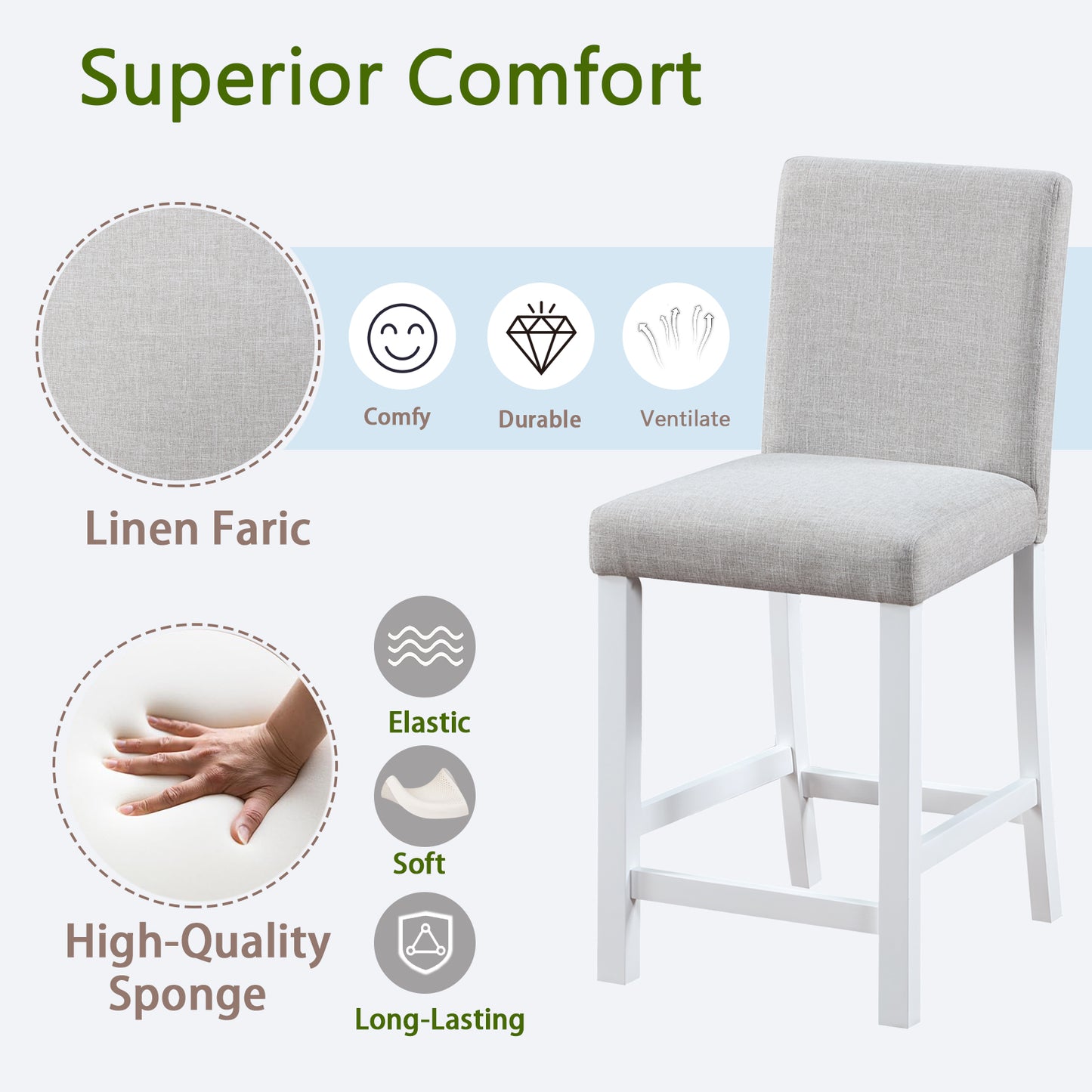 Counter Height Chairs Set for 4 - Padded Seat, White & Gray