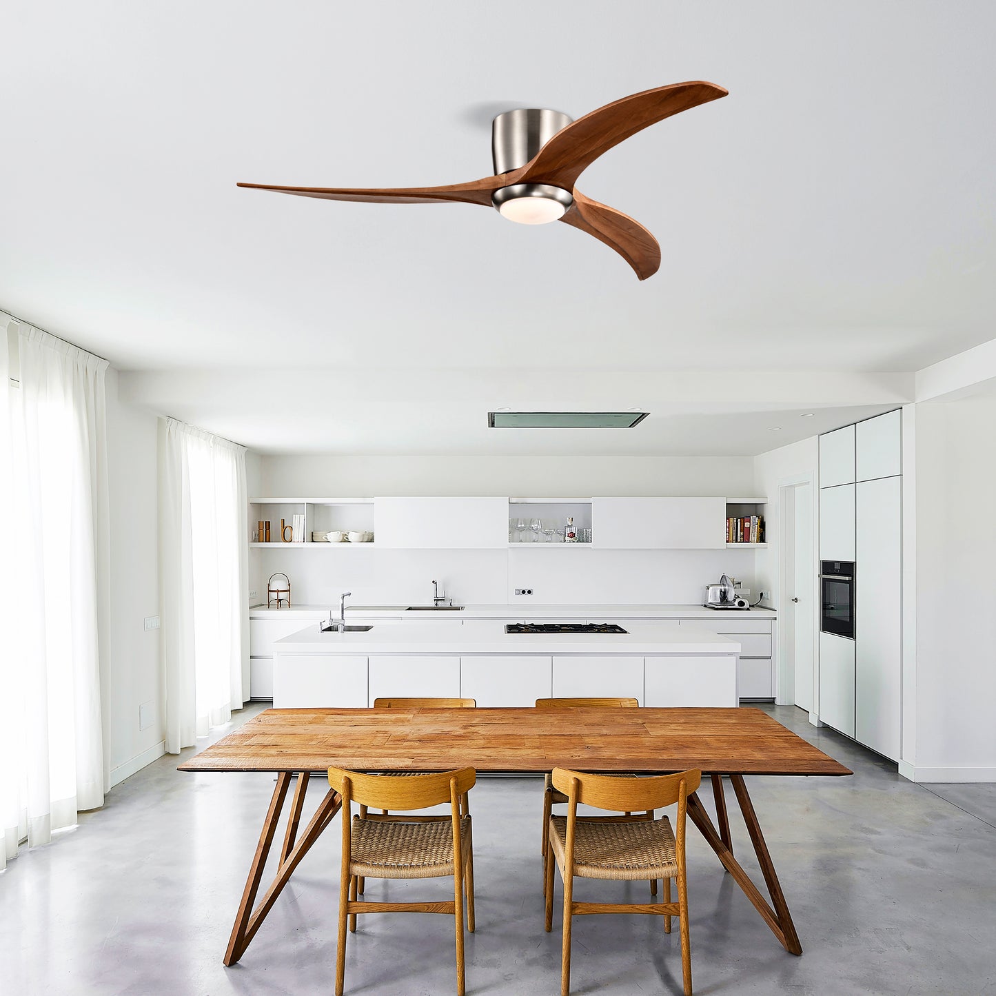 52-Inch Recessed Ceiling Fan with Light Strip, Solid Wood Blades, Remote Control, Noiseless Reversible Motor, Nickel Finish
