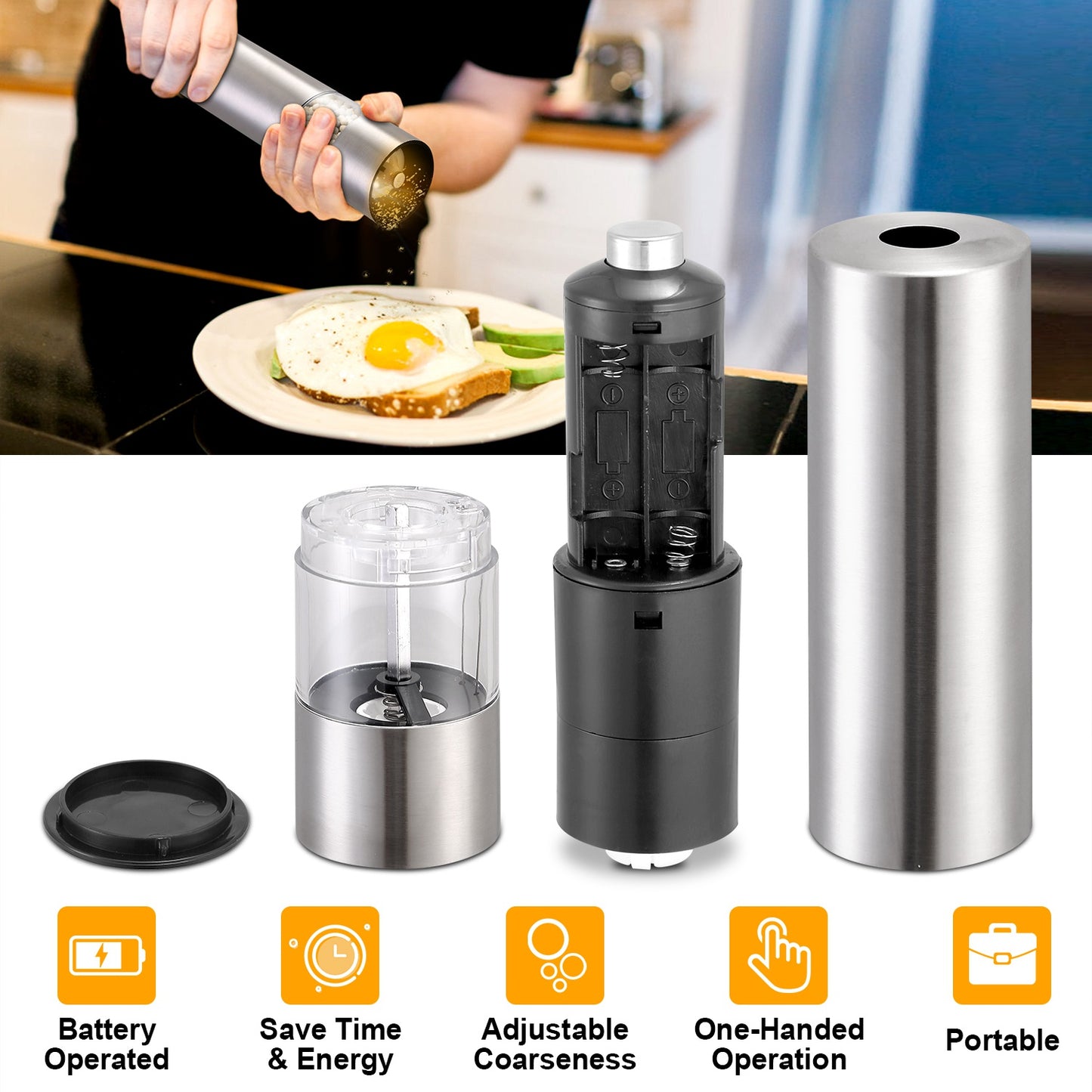 Electric Salt and Pepper Grinder Set - Adjustable Coarseness, Stainless Steel