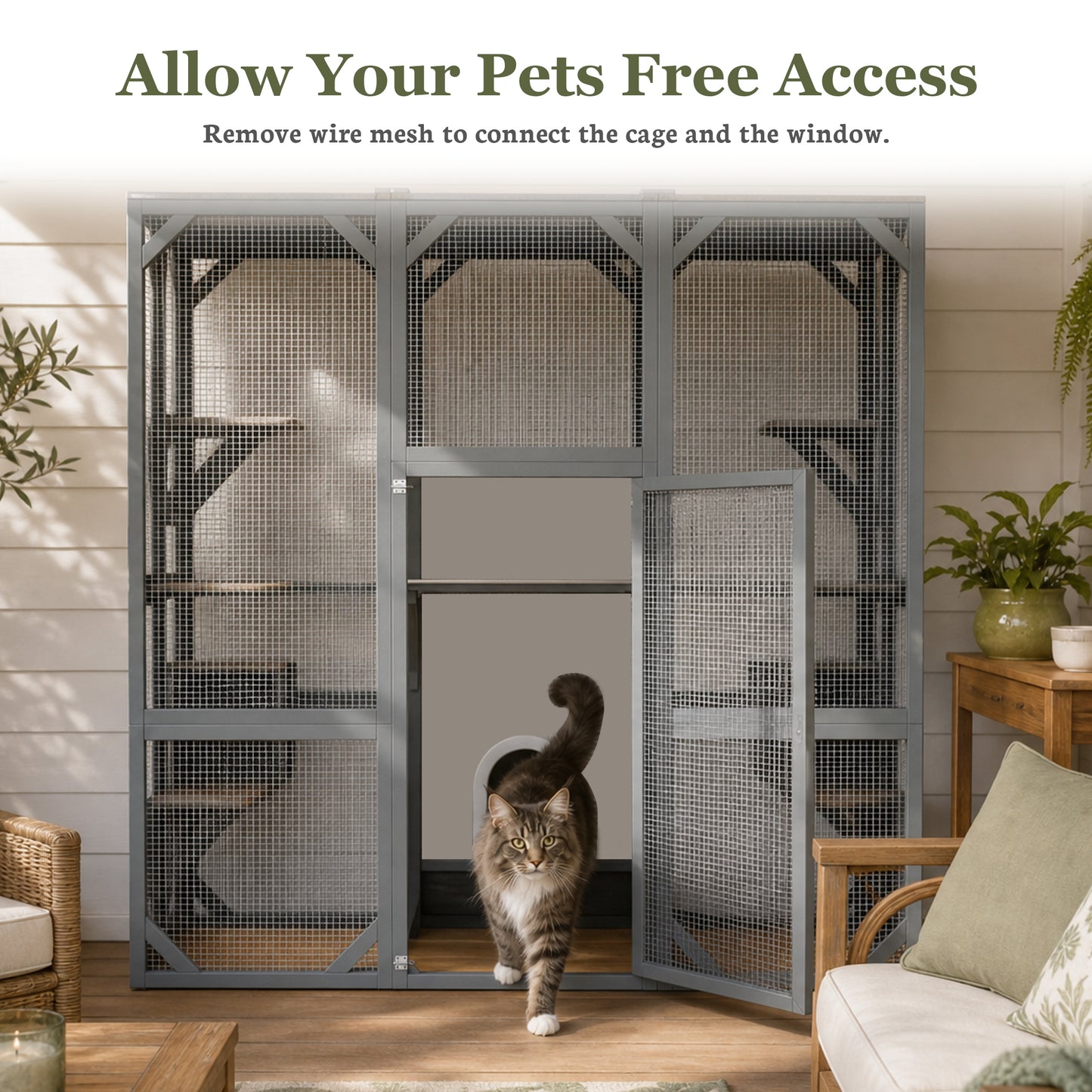Large Outdoor Cat Enclosure 71x37x71 Inches with Mesh Panels Waterproof Roof