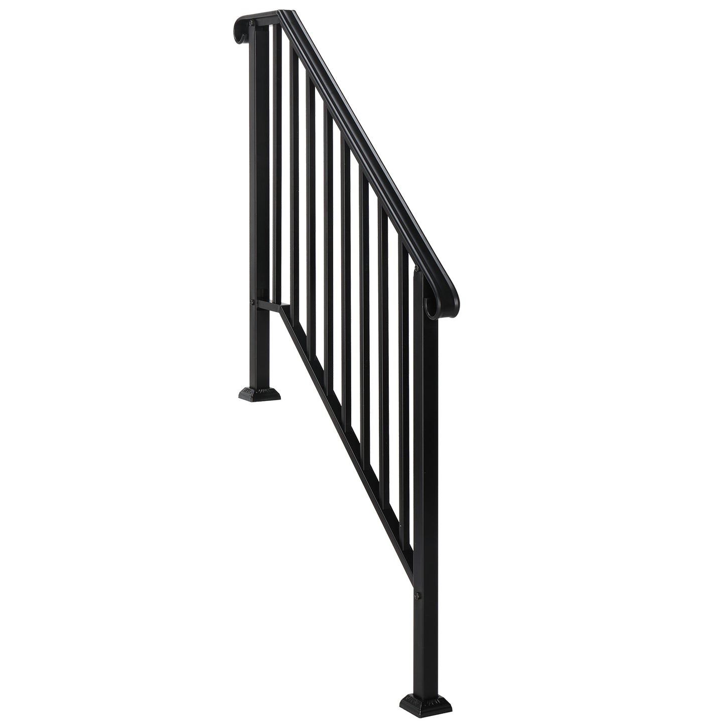 Black Wrought Iron Outdoor Stair Handrail for 3 or 4 Steps - Garden & Patio Railing with Installation Kit