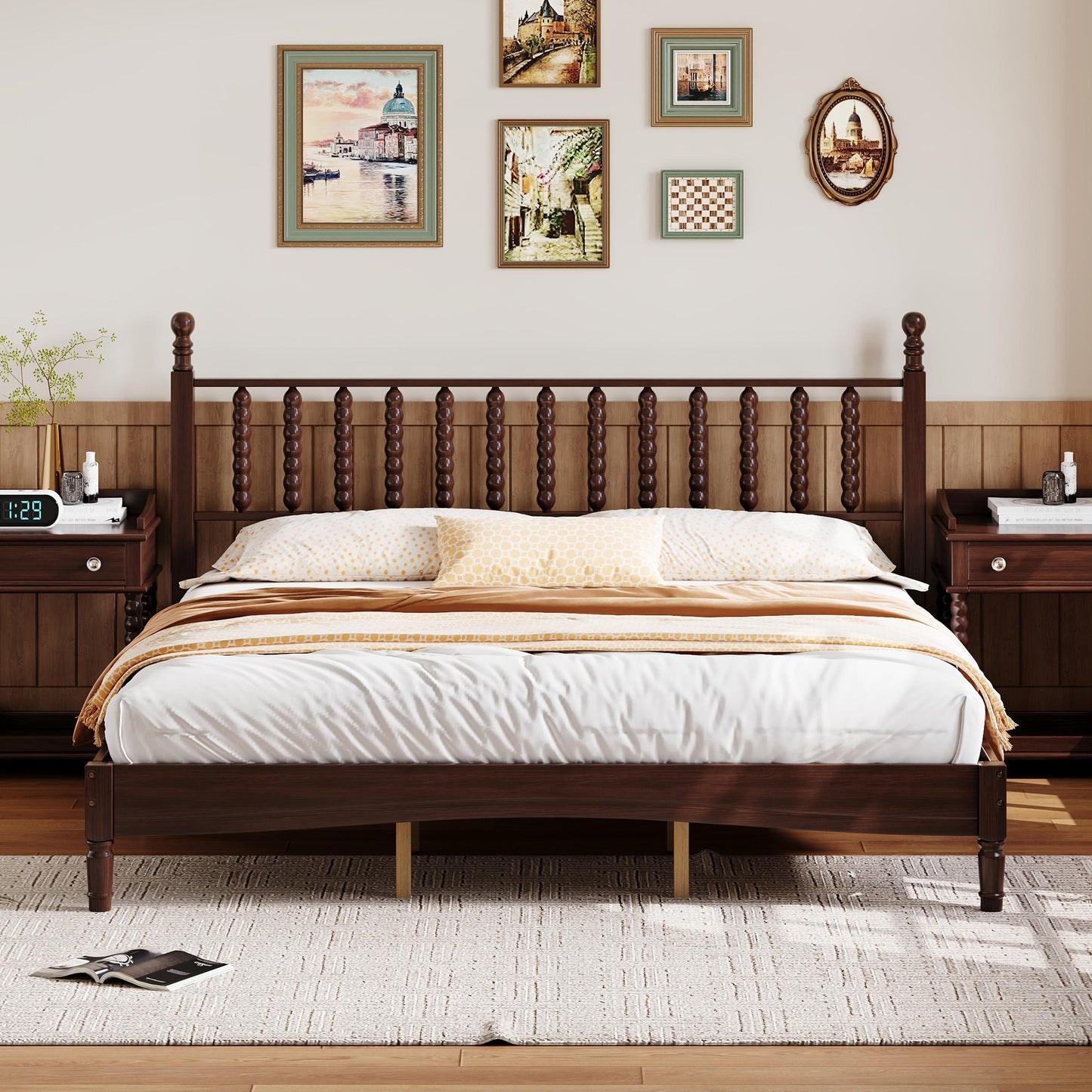 King Size Wood Platform Bed With Gourd Shaped Headboard,Retro Style