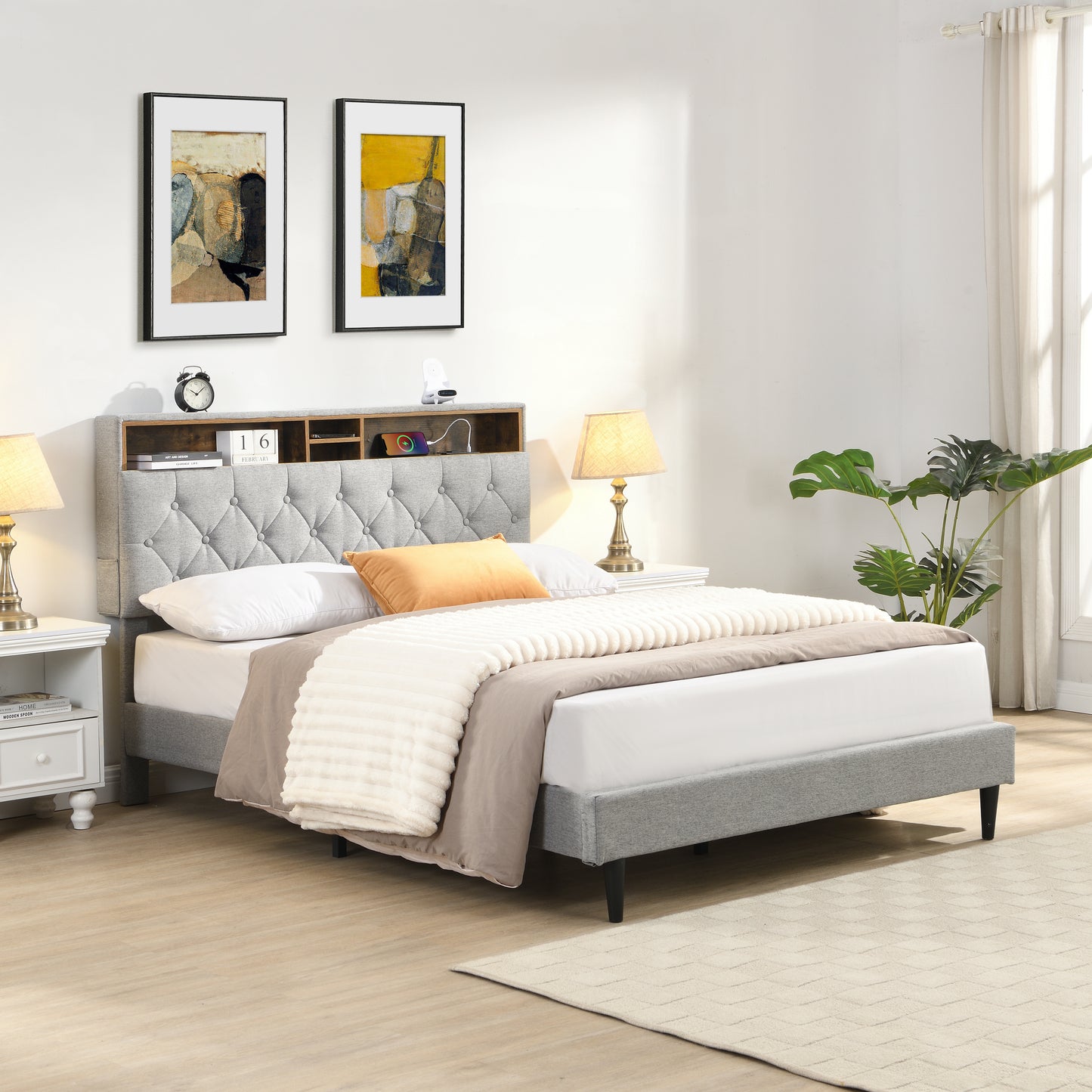 Queen-Size Upholstered Platform Bed Frame with USB Charging, Light Grey
