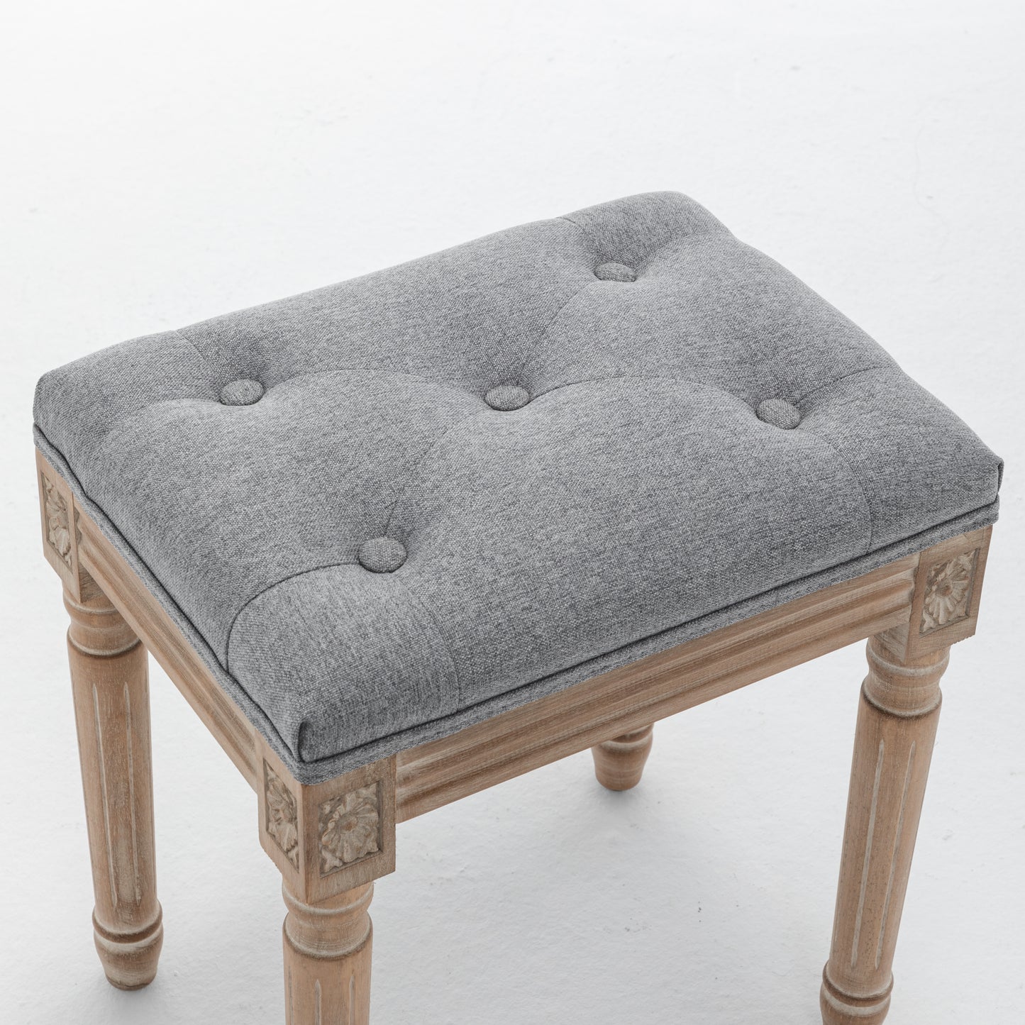 Grey Tufted Vanity Stool with Solid Wood Legs - Bedroom Bench