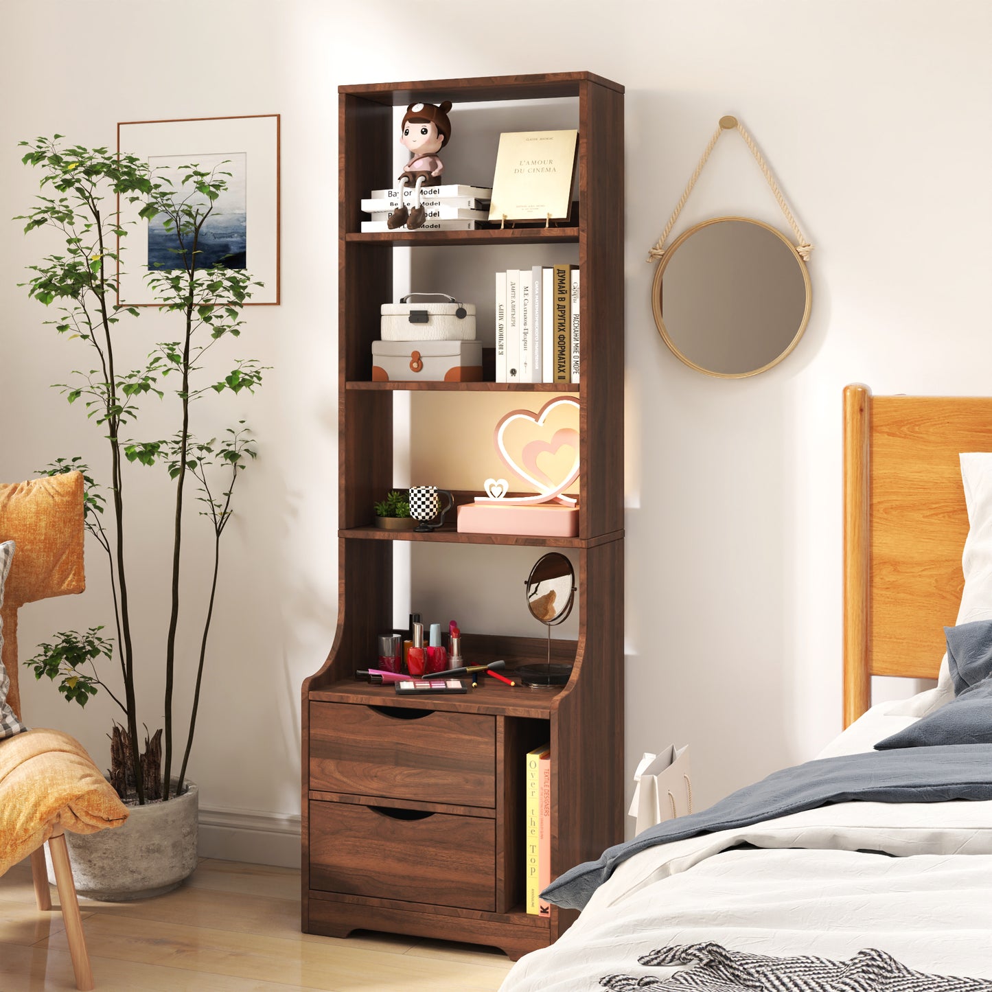 Night Stand with Bookshelf and 2 Storage Drawers - Walnut