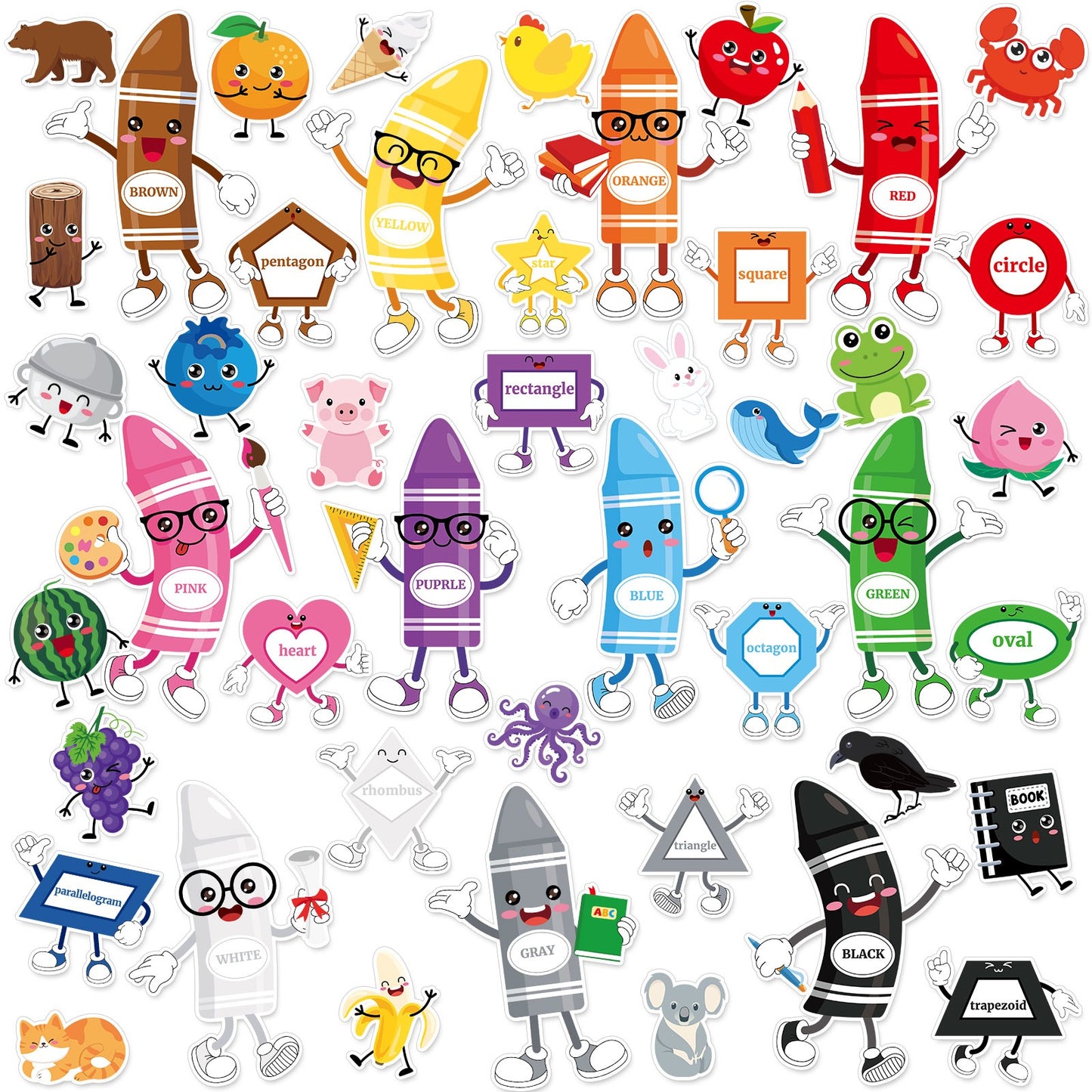 50 Pcs Classroom Bulletin Board Decorations - Crayon, Animal & Fruit Cutouts