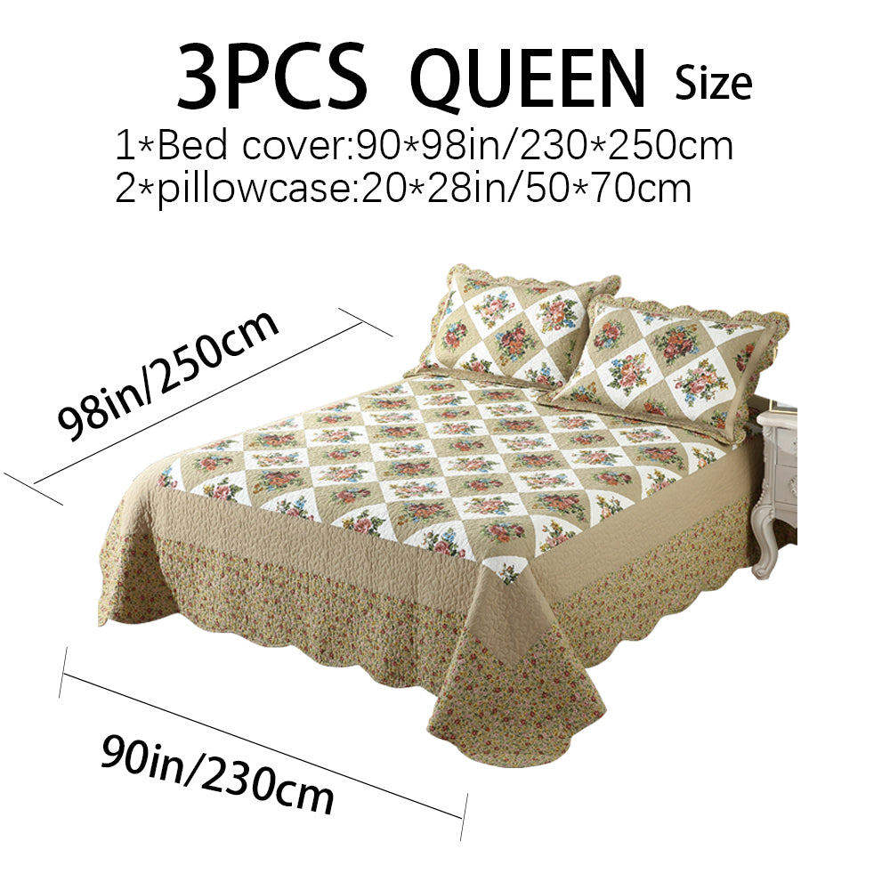 Vintage Reversible Cotton Bedspread Set - Floral Patchwork Queen All Season