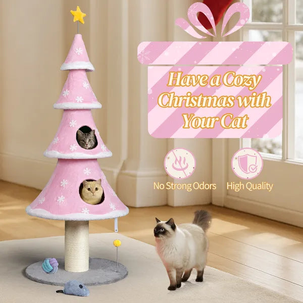 Large 59in Christmas Tree Cat Tower with 2 Condos & Scratching Post - Pink