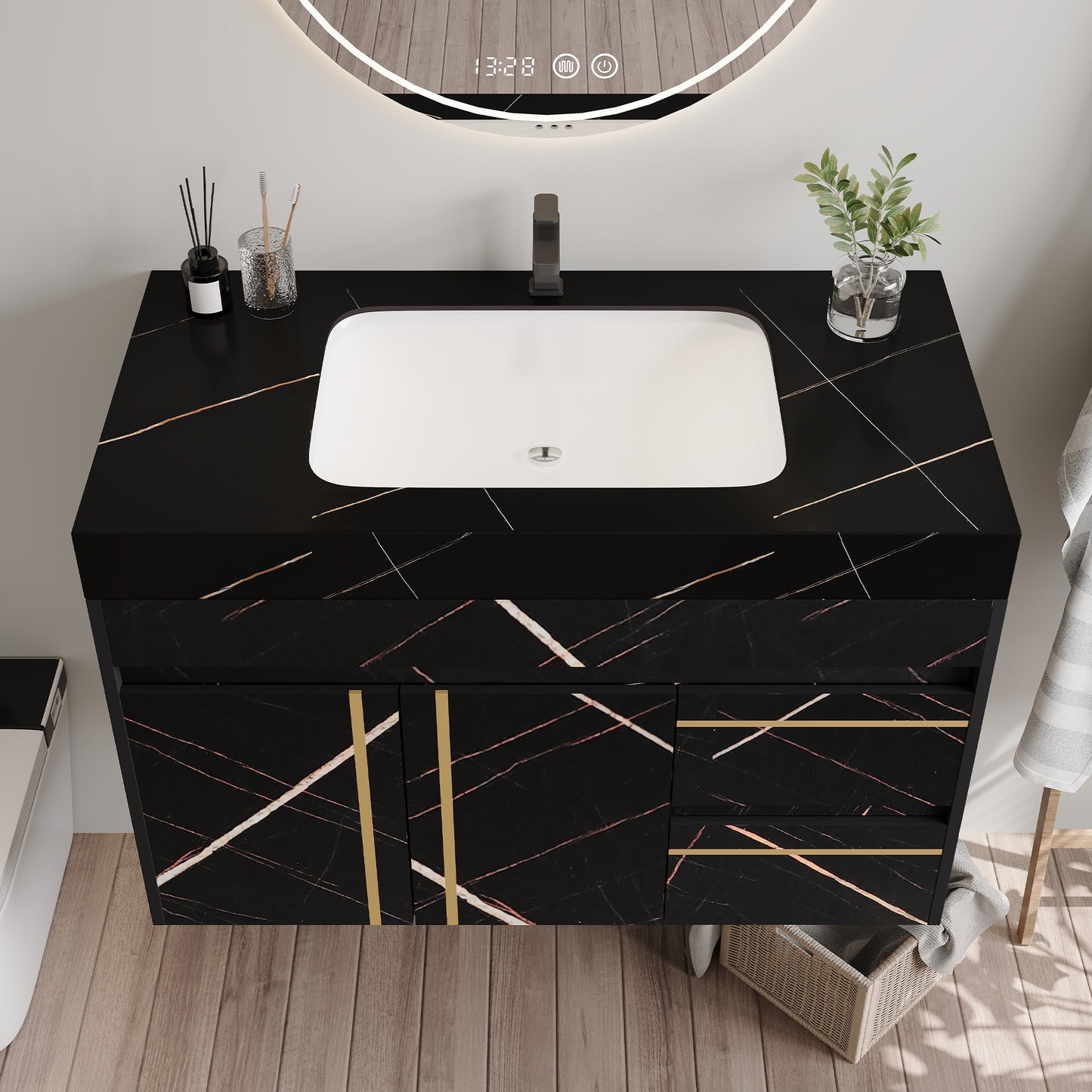35.2" Floating Bathroom Vanity with Sink & Faux Marble Top - White/Black