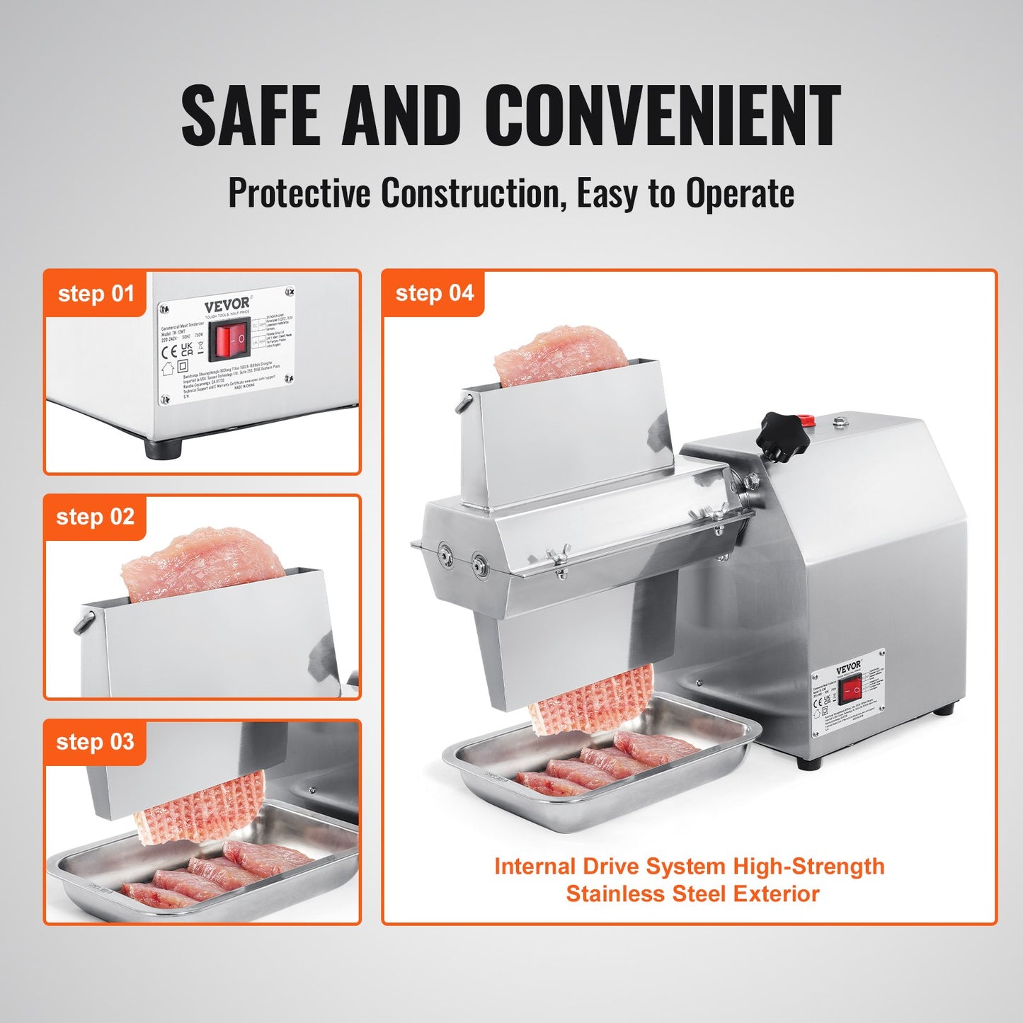 Heavy Duty Commercial Meat Tenderizer Machine with Stainless Steel Blades - 750W Electric Kitchen Tool for Beef, Poultry, Fish