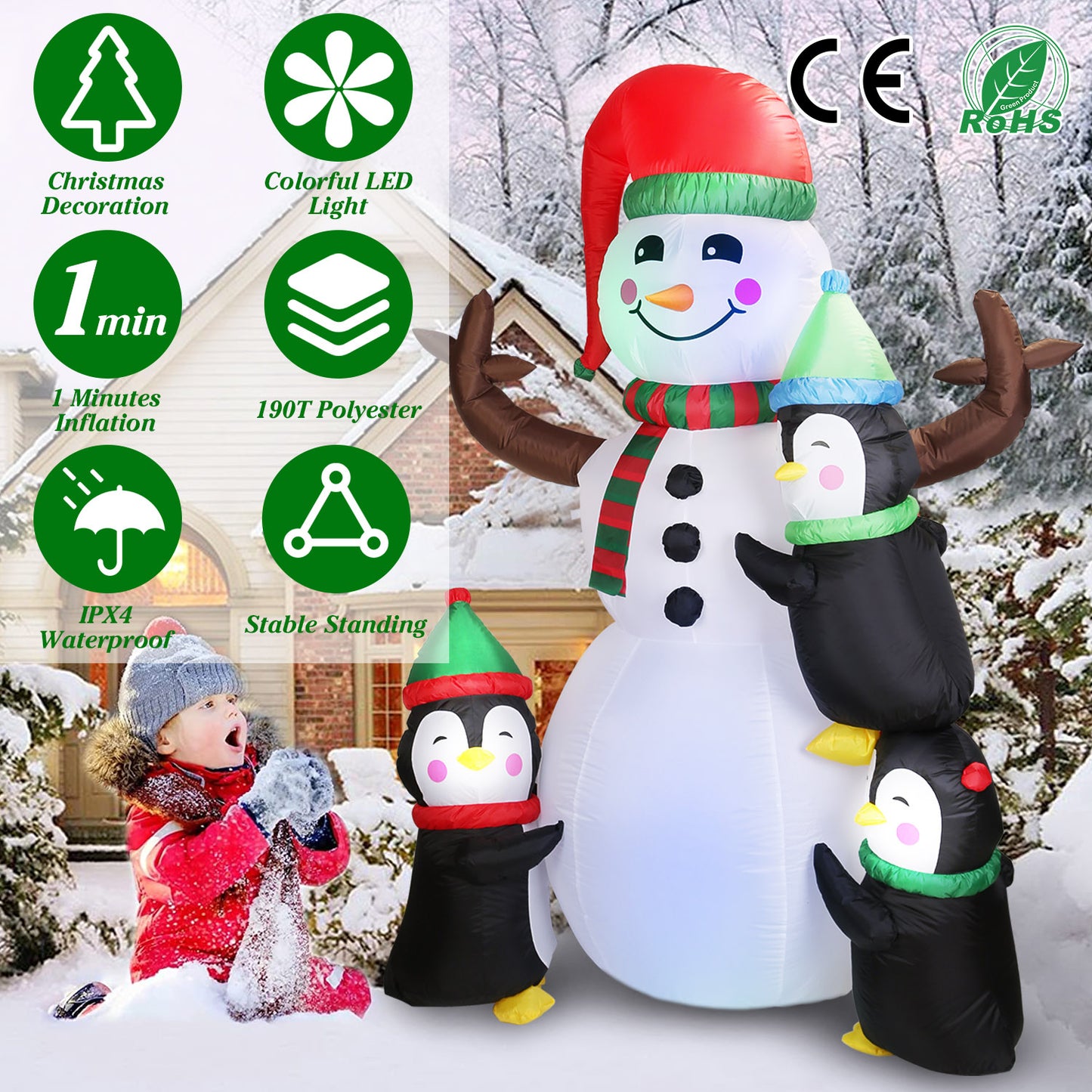 5.9FT Inflatable Christmas Snowman & Penguin Yard Decoration with LED Lights