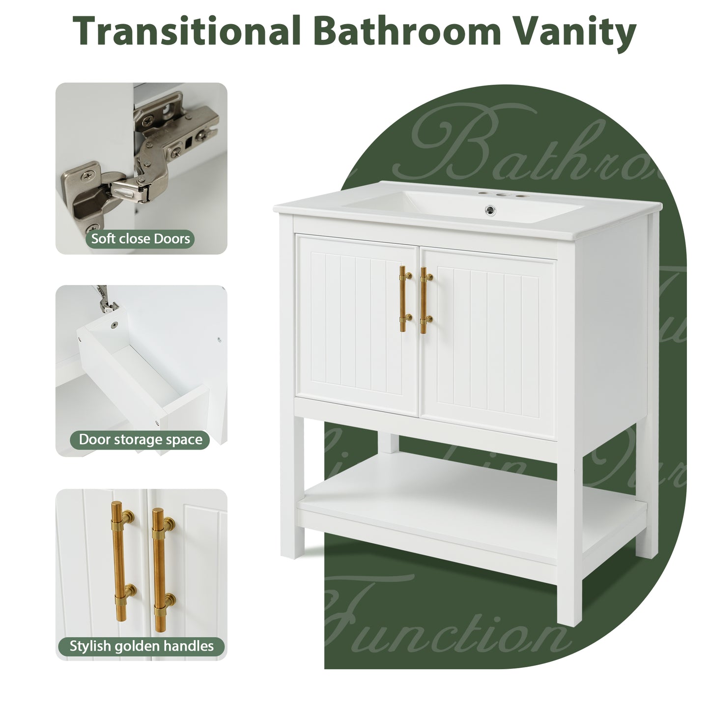 30-Inch White Bathroom Vanity with Ceramic Sink and Storage