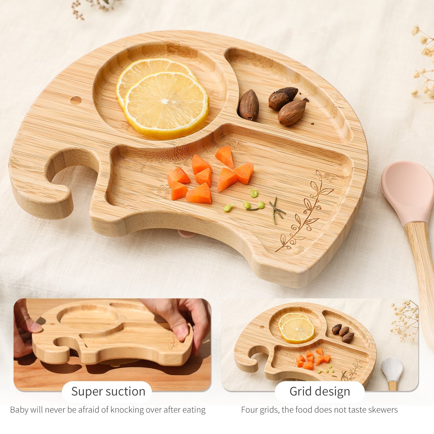 Baby Elephant Dinner Plate Set with Silicone Suction, Bowl and Water Glass