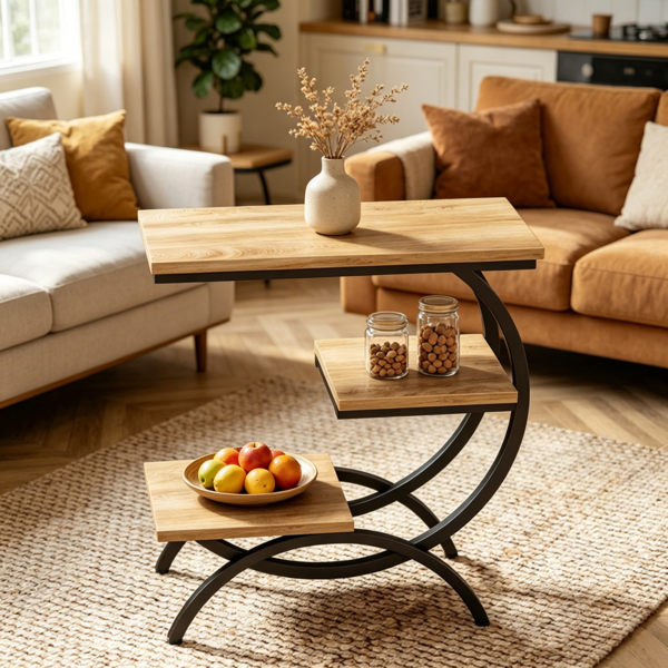 Chic C-Shape End Table with 3-Tier Storage - Rustic Brown