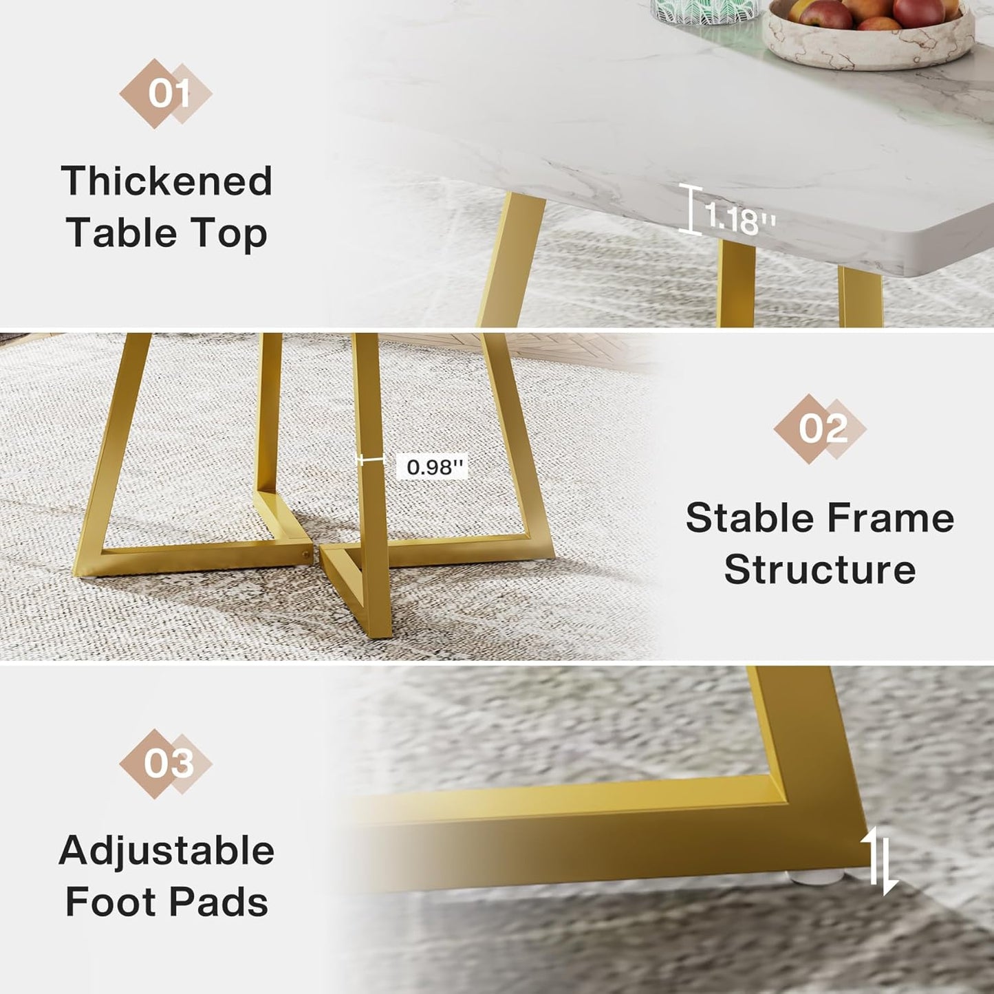 Square Vintage Dining Table - Gold White Finish