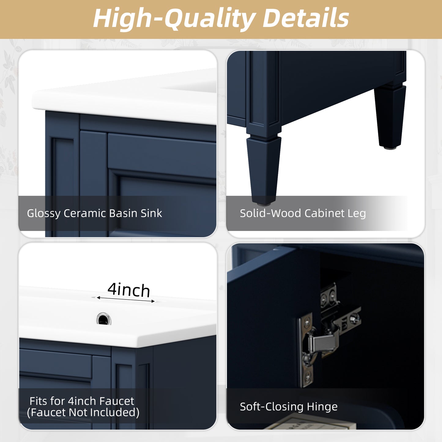24" Blue Bathroom Vanity with Soft-Close Doors & Storage Drawer