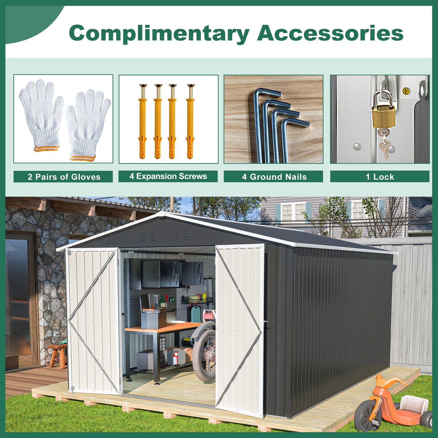 Metal Outdoor Storage Shed 10x12 FT with Lockable Doors - Black