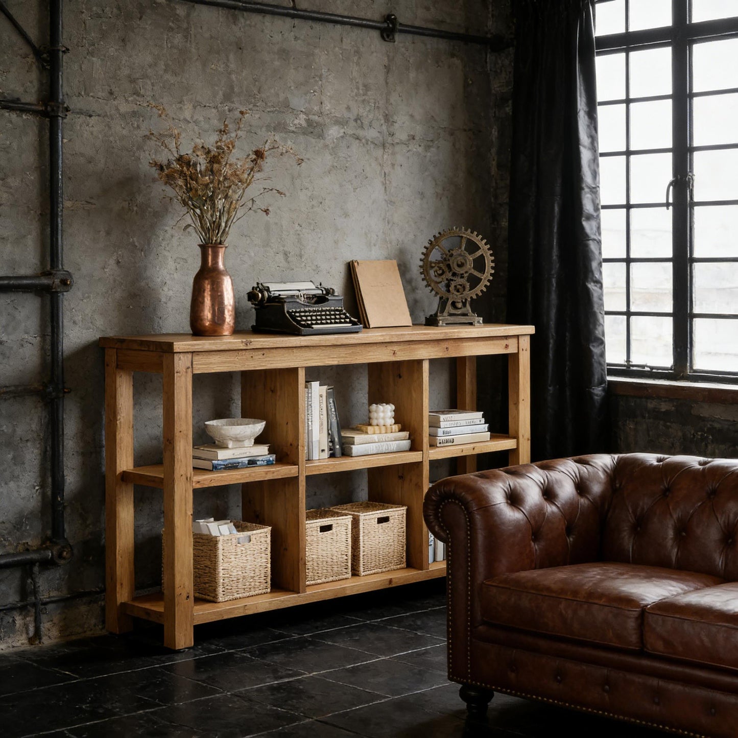 Modern Solid Wood Console Table with Adjustable Shelves - Brown