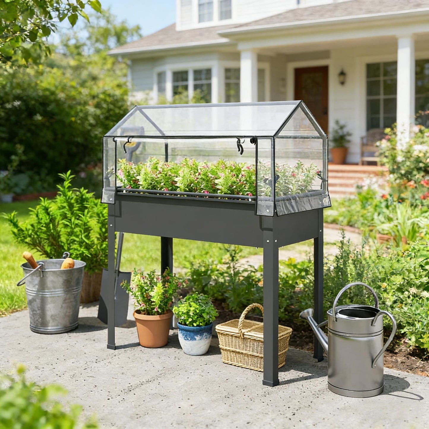 Outdoor Elevated Garden Box with Greenhouse - Dark Gray