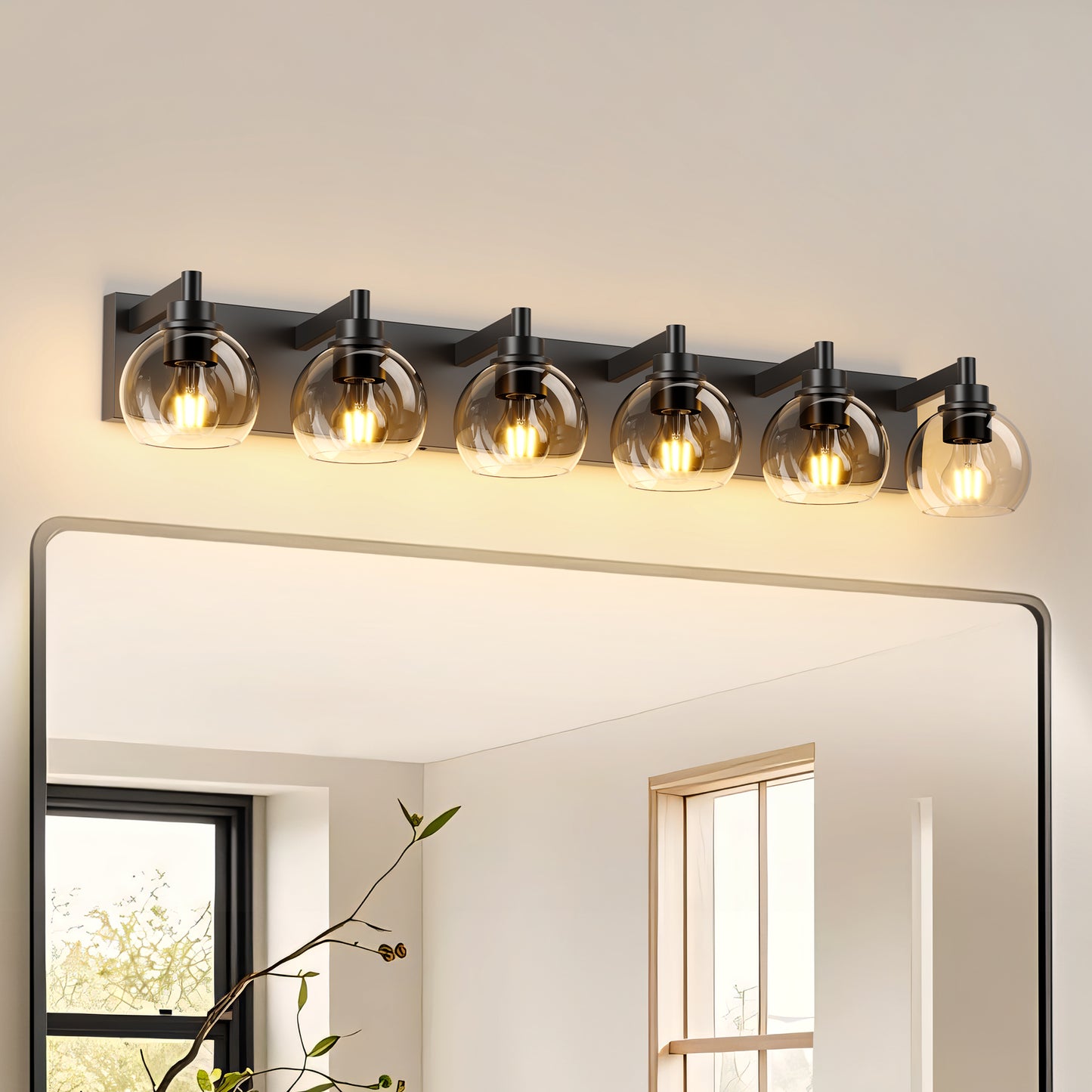 6-Light Bathroom Vanity Light Fixture - Rustic Black Glass Shade