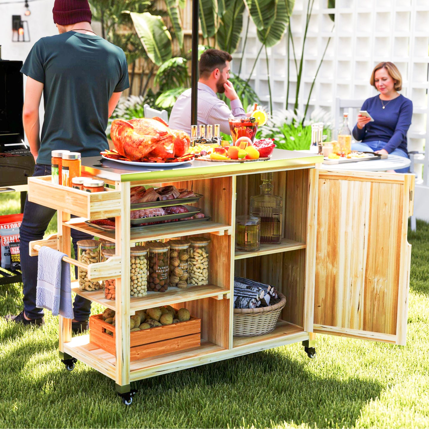 Outdoor Grill Cart with Stainless Steel Top & Solid Wood Frame