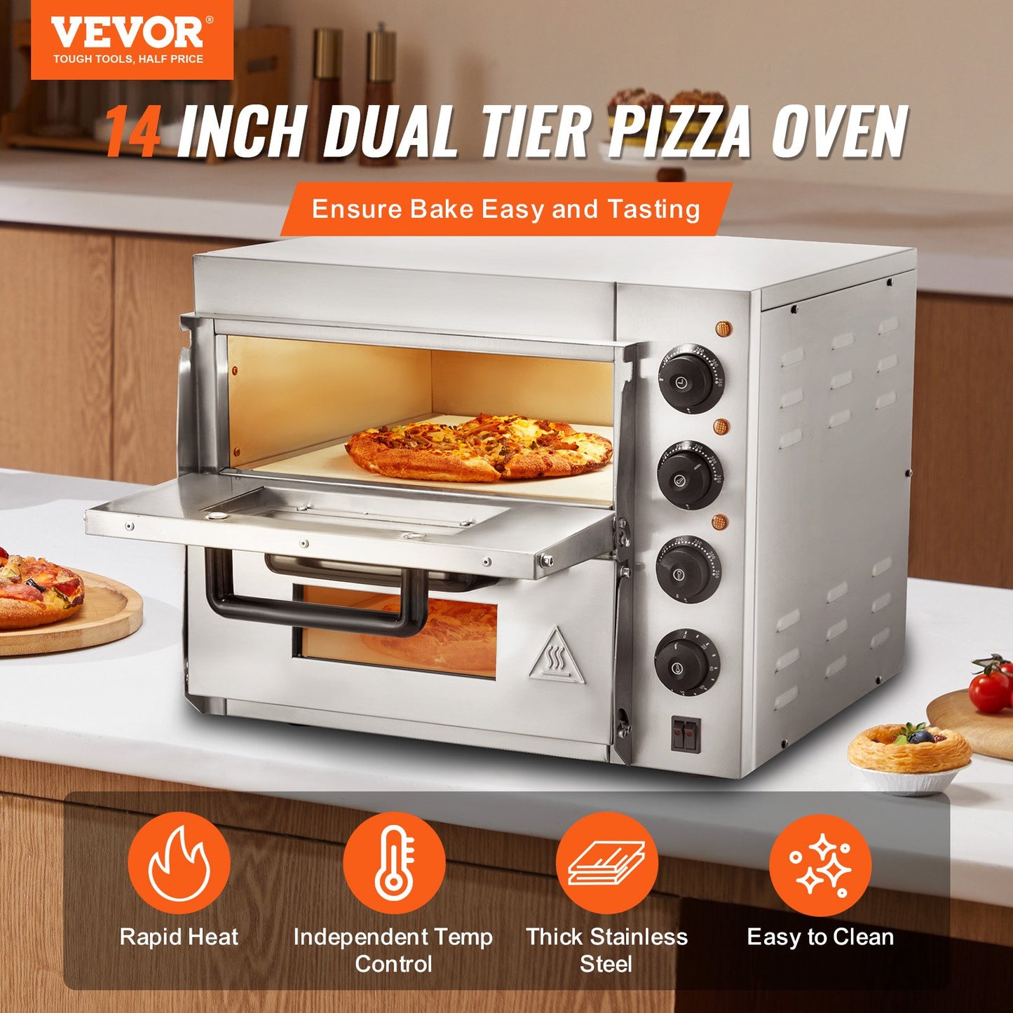 Electric Countertop Pizza Oven 14 Inch Stainless Steel Kitchen Appliance