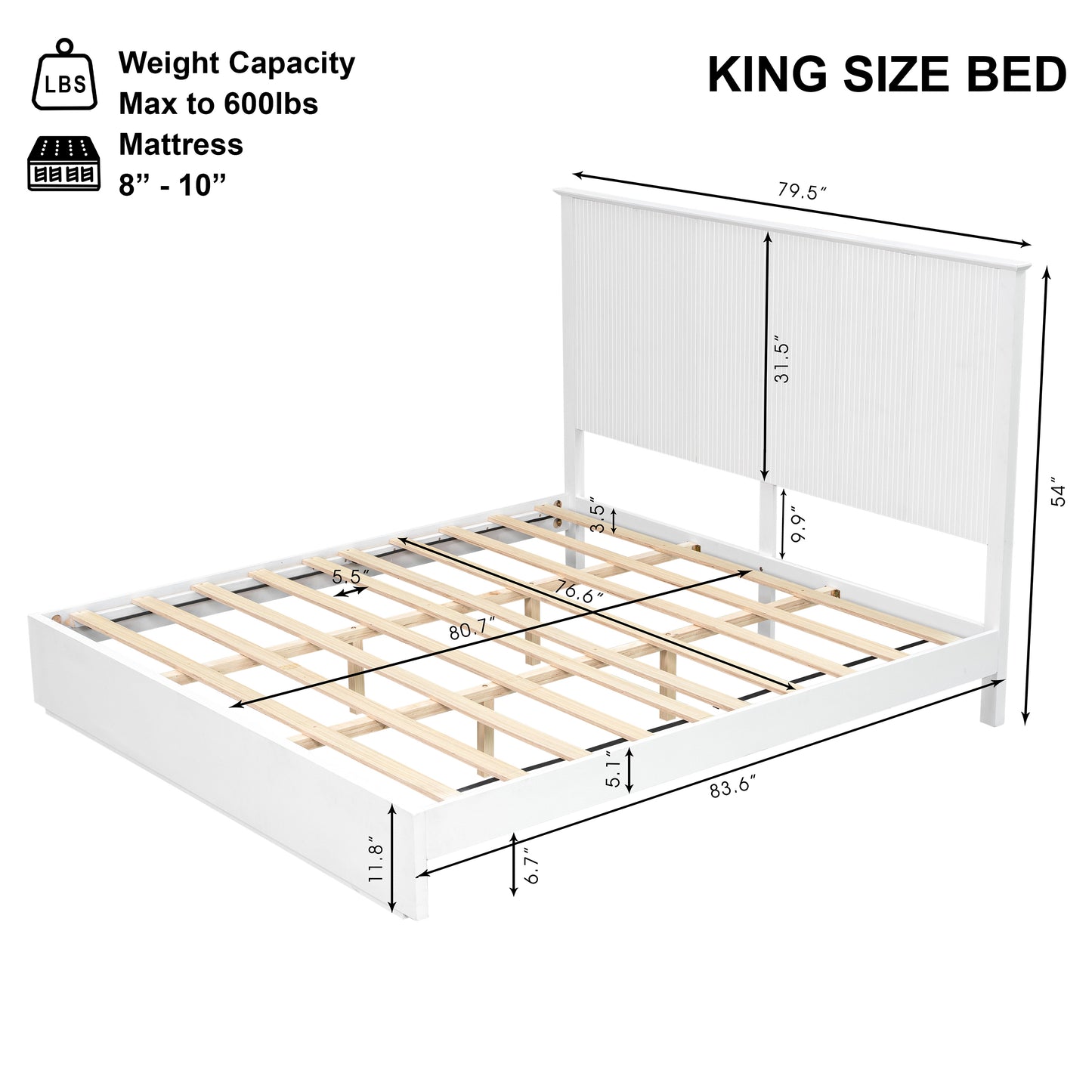 Stylish King Size Bed Frame - White Solid Wood Bed, 600lbs Weight