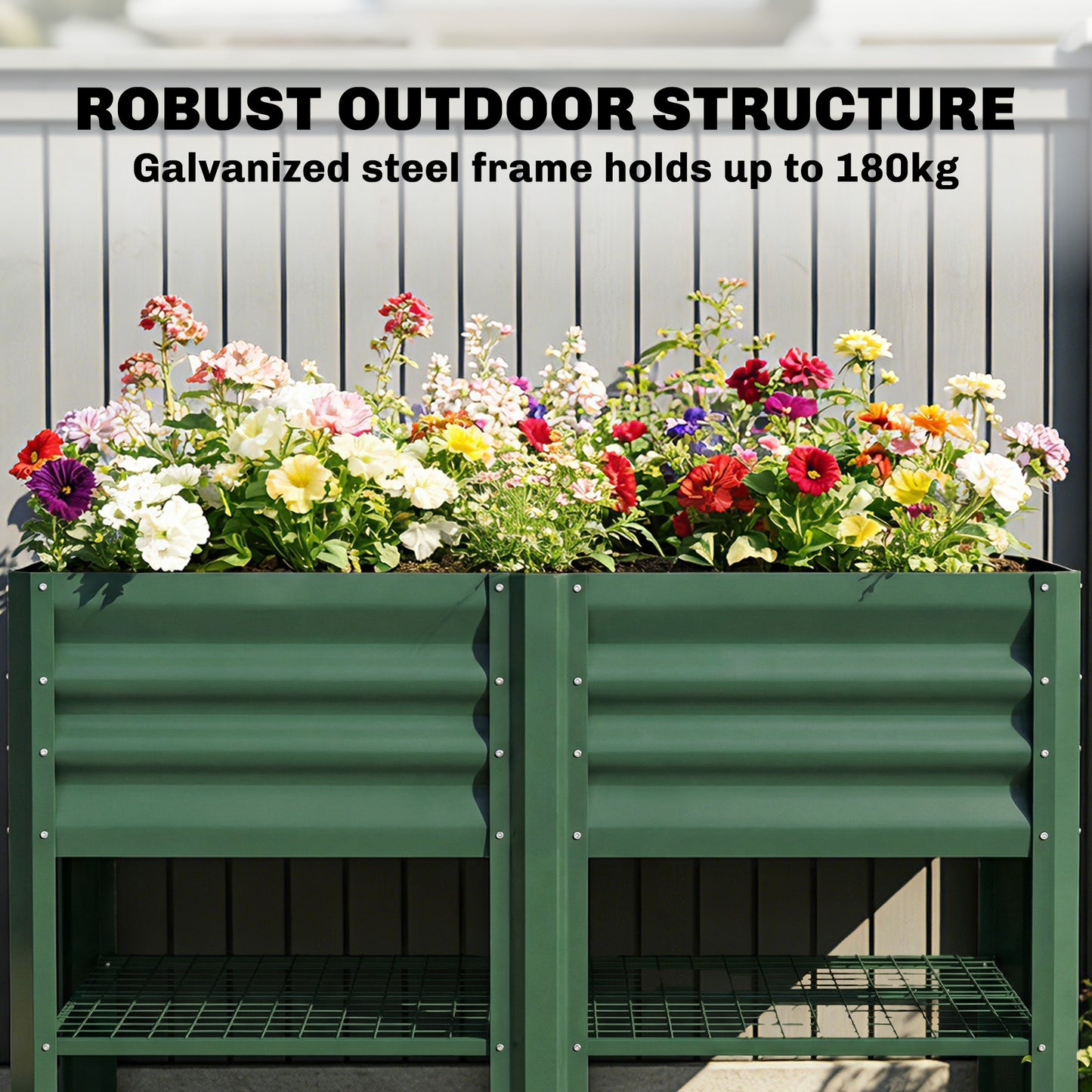 Raised Garden Bed with Storage Shelf - Galvanized Steel, 31.5 Inch Green