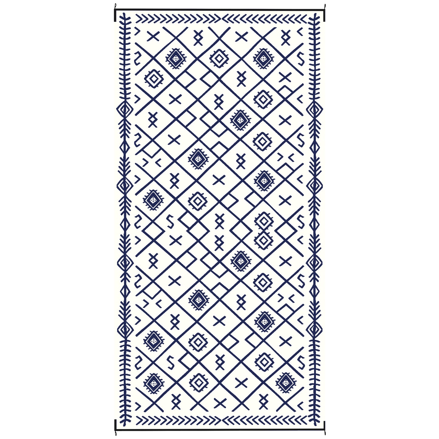 Reversible Outdoor Rug - Waterproof Plastic Straw, 9' x 18', Blue & White Rhombus