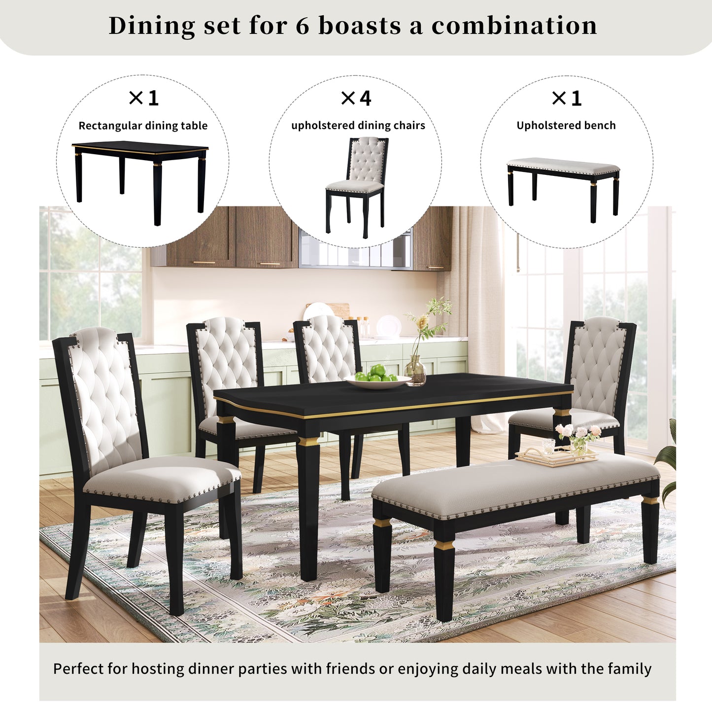 6-Piece Kitchen Dining Table Set, 60 Rectangular And 4 High-Back