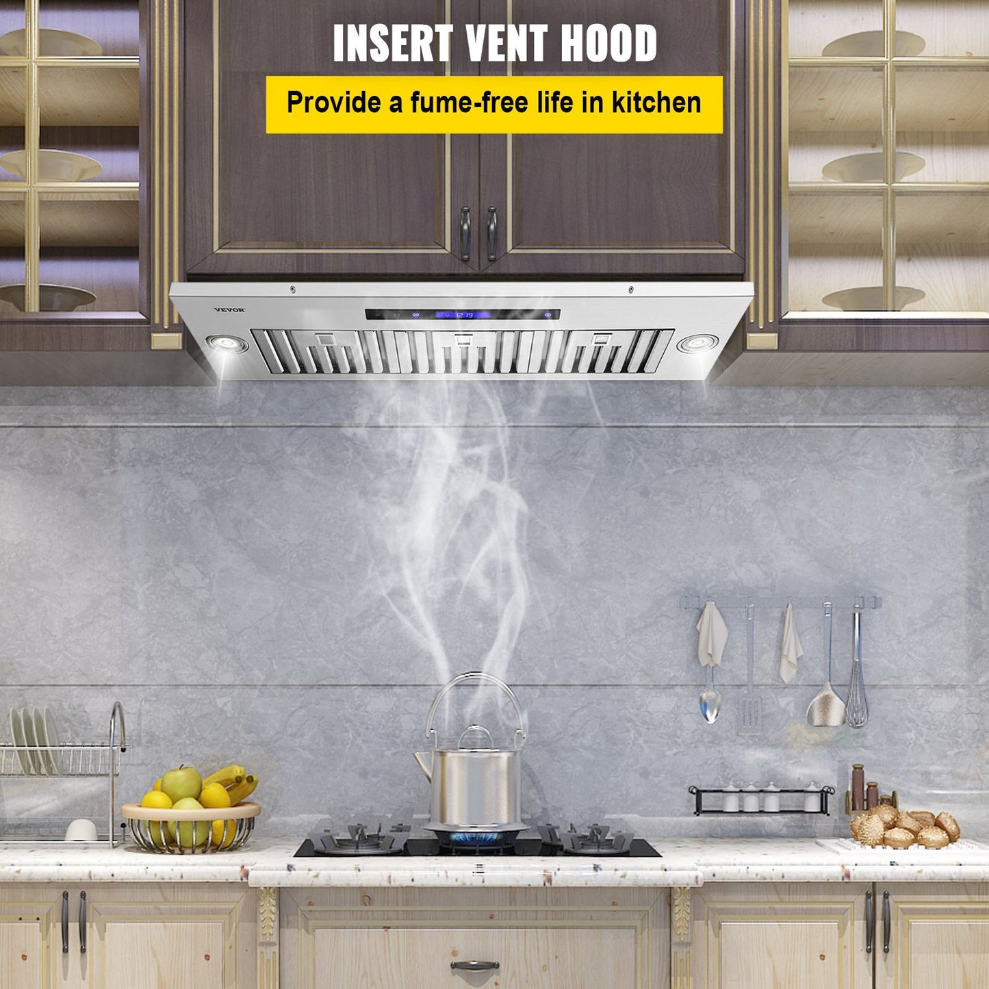 36 Inch Stainless Steel Built-in Range Hood - 900 CFM, 4-Speed with LED Lights & Remote Control