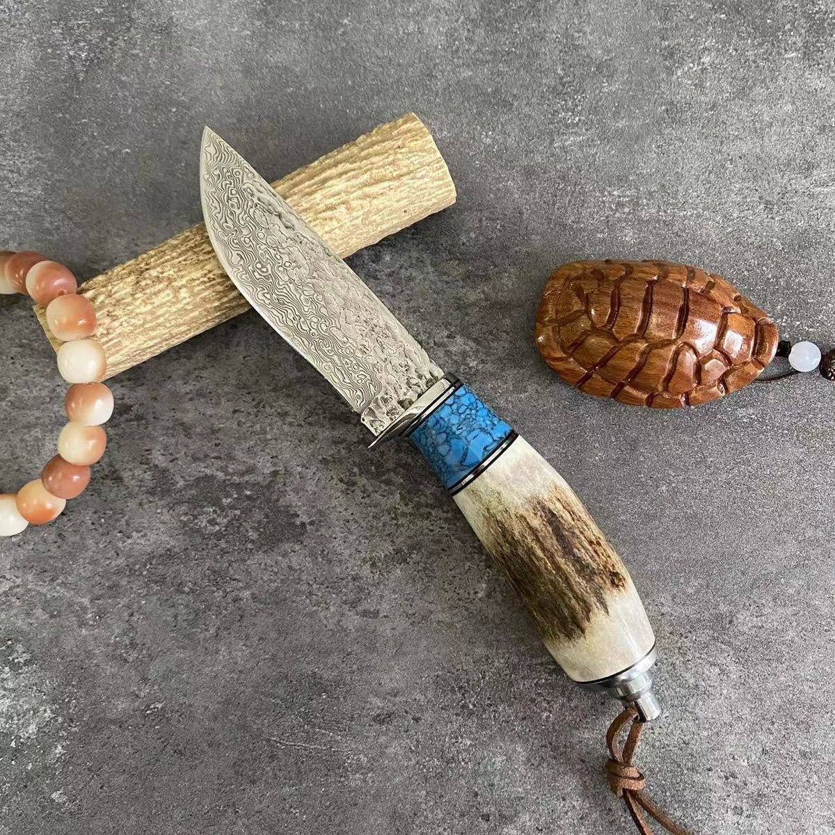 Turquoise Antler Handle Damascus Steel Kitchen Knife - Straight & Horse Variants