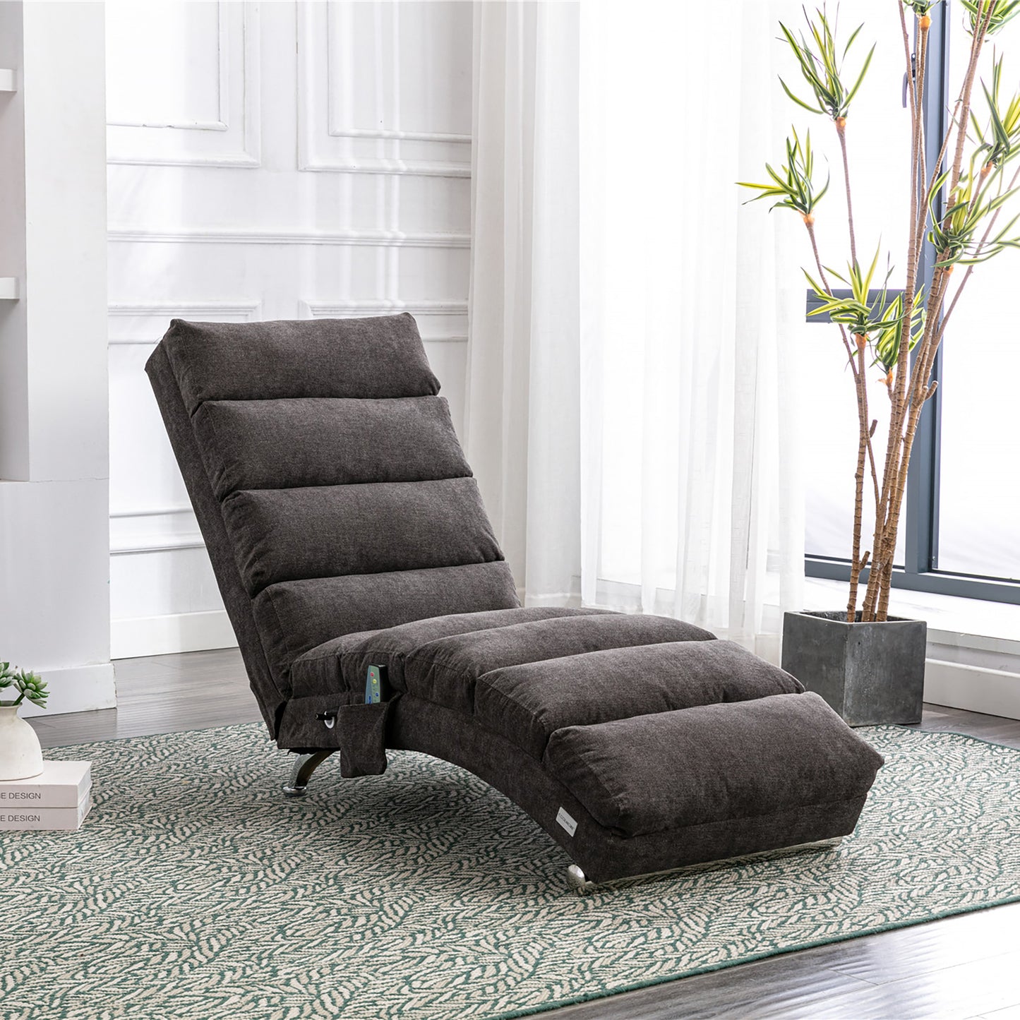 Luxury Upholstered Chaise Lounge Chair with Vibration - Dark Gray