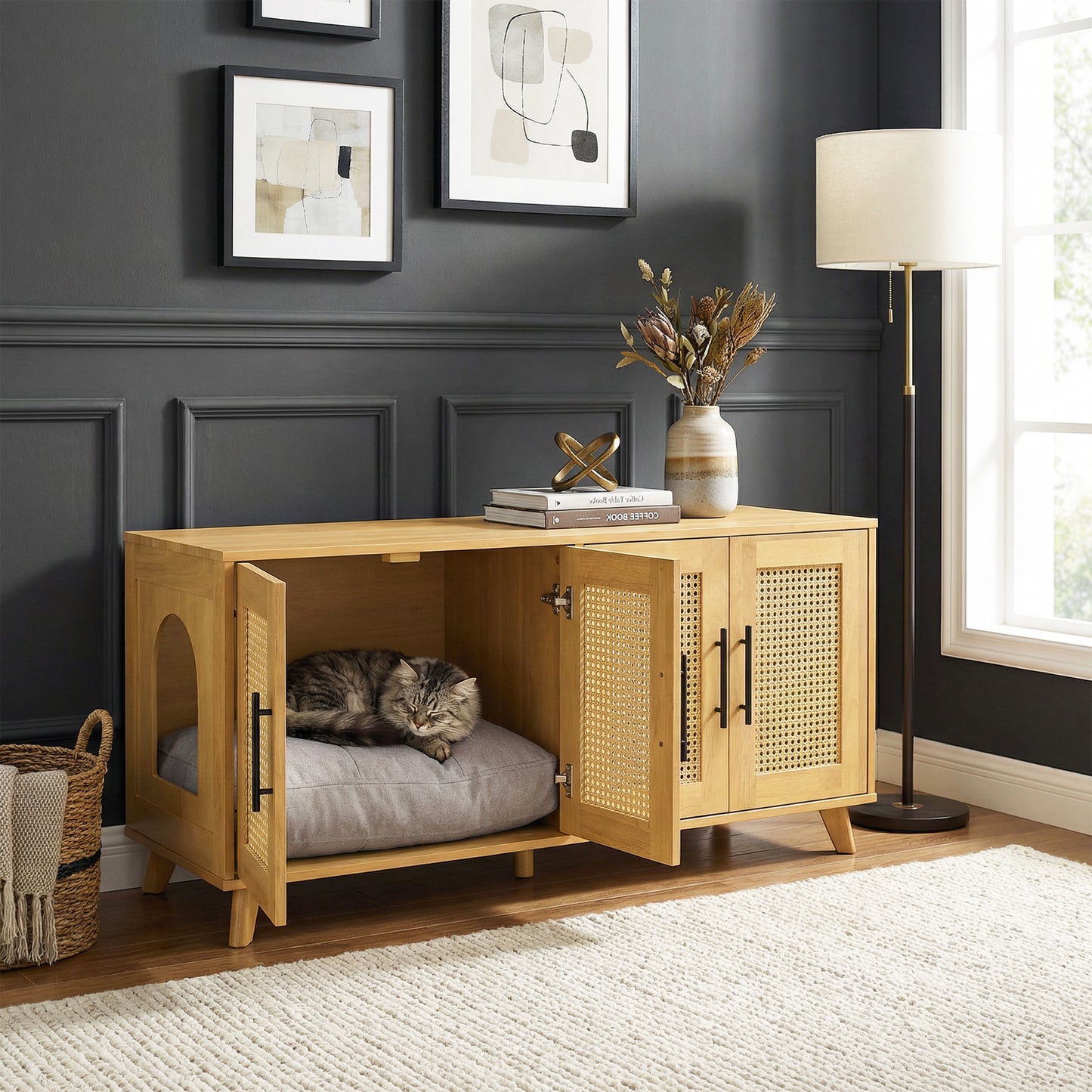 Myra Indoor Premium Rubber Wood Cat Cabinet With Plush Cushion