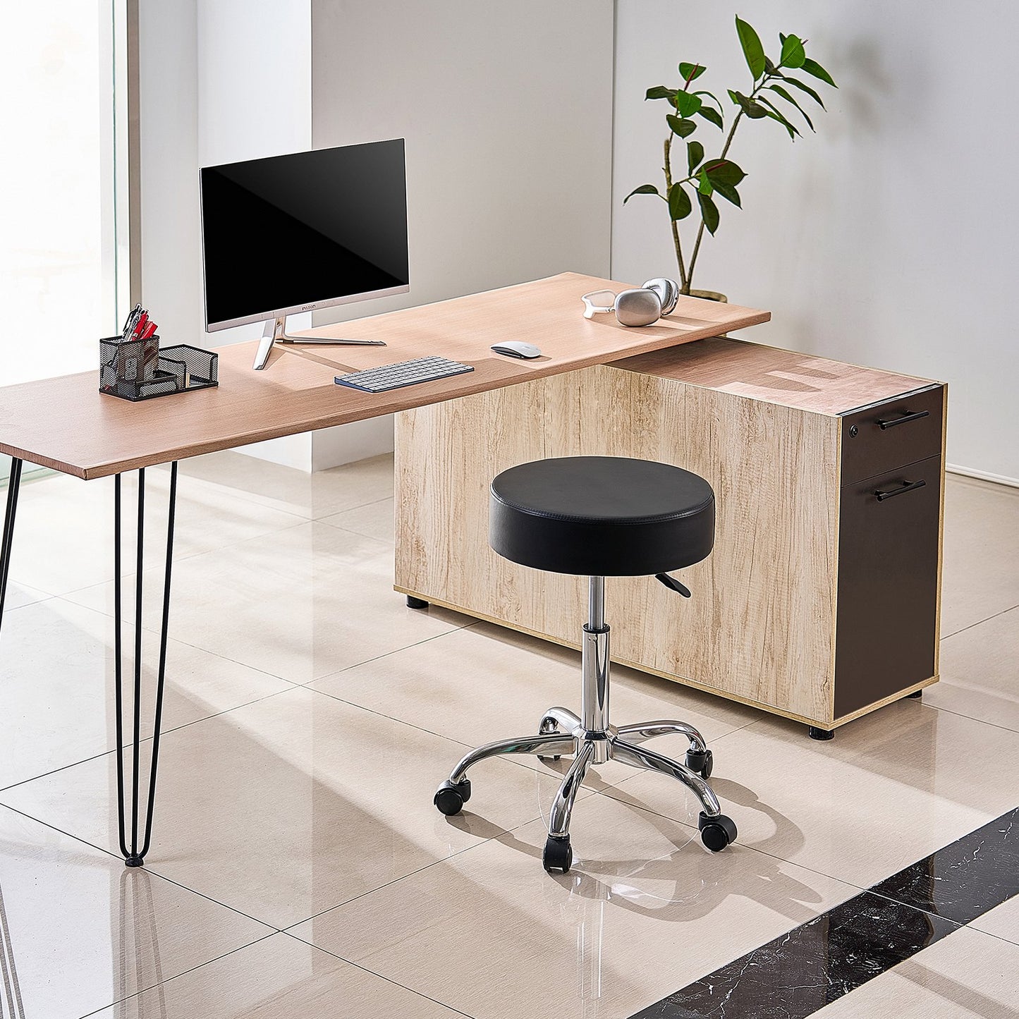 Height Adjustable Rolling Stool with Wheels - 450 lbs Capacity, Black