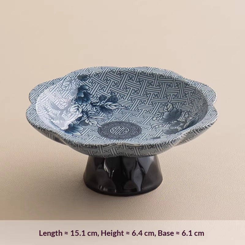 Blue and White Hand-Painted Ceramic Fruit Bowl - High Footed Decorative Centerpiece