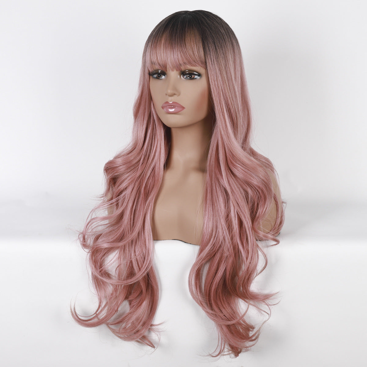 Long Curly Hair Wig with Bangs - Pink
