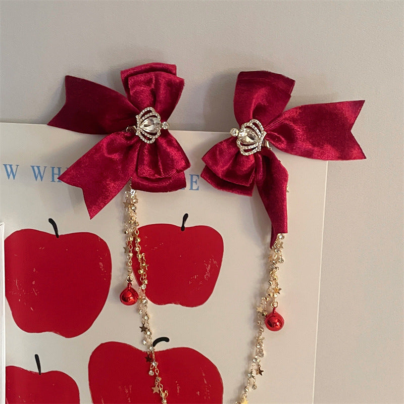 Red Bell Crown Bow Tassel Hair Clip for Women - Handmade Accessory