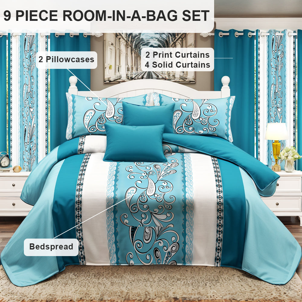 9-Piece Quilt and Curtain Bedding Set - Turquoise Paisley Design