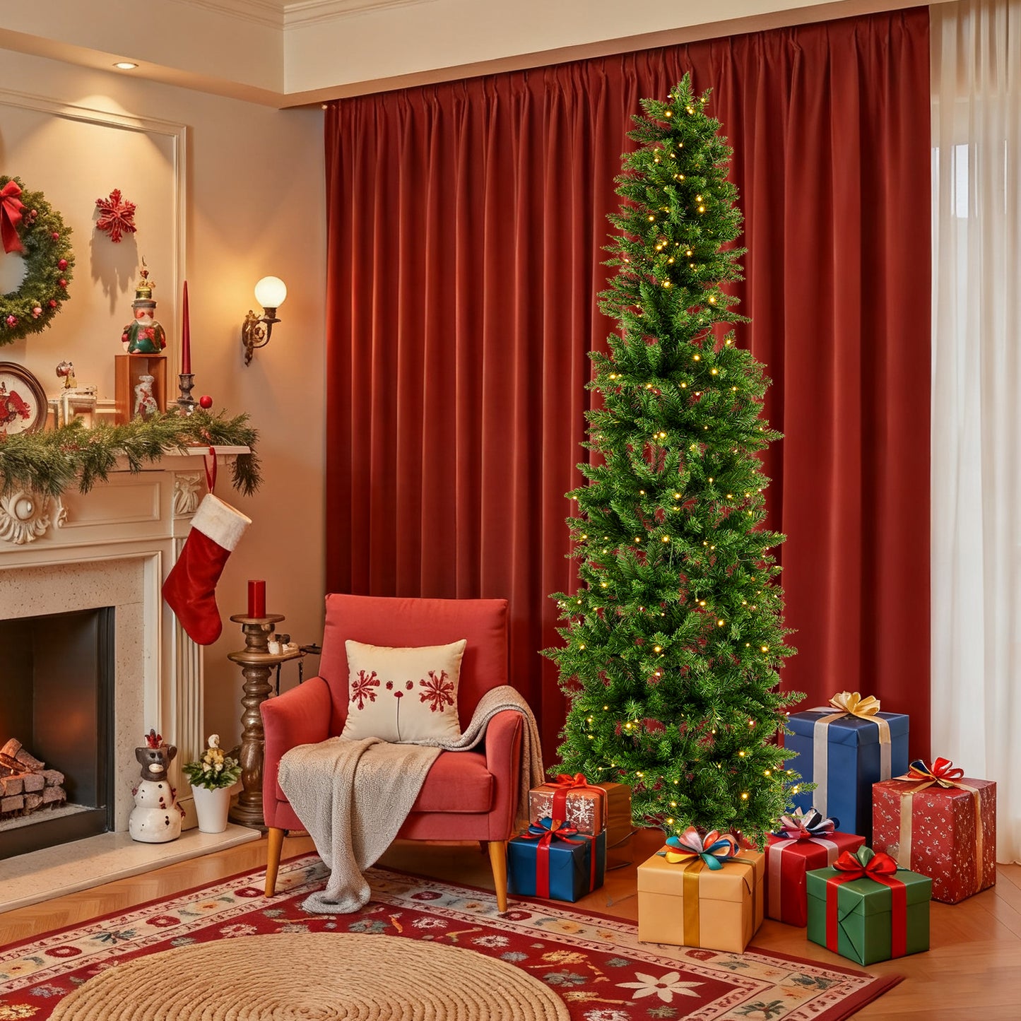 Prelit Slim Christmas Tree with 250 LED Lights & Foldable Base