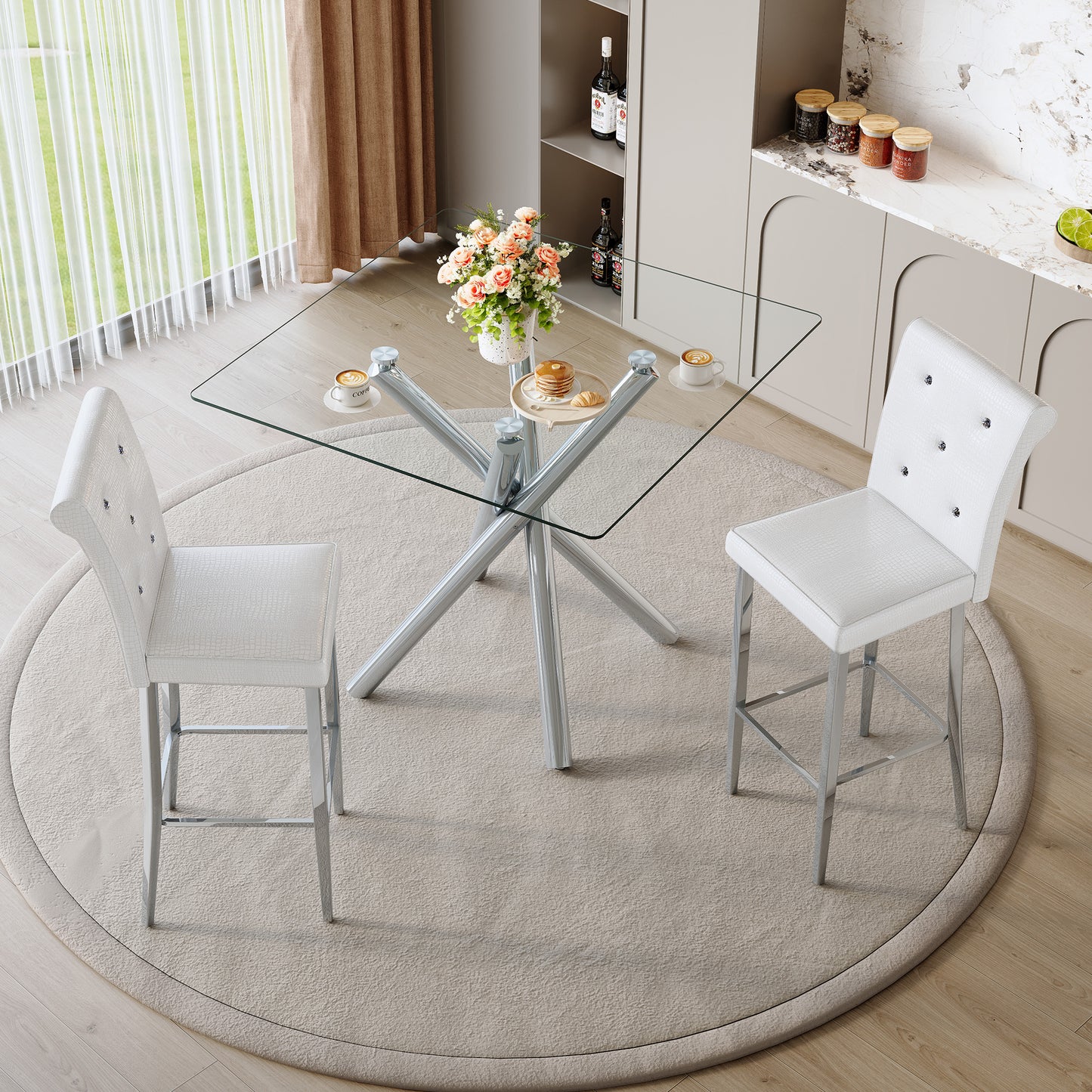 Modern Glass Bar Table & 2 Fixed-Height Bar Stools Set - Silver
