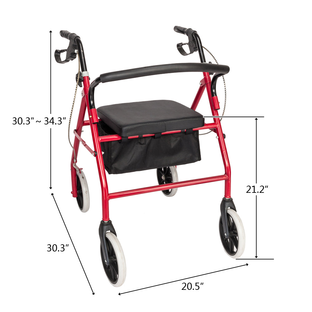 Adjustable Rollator Walker with Padded Seat - Red & Black