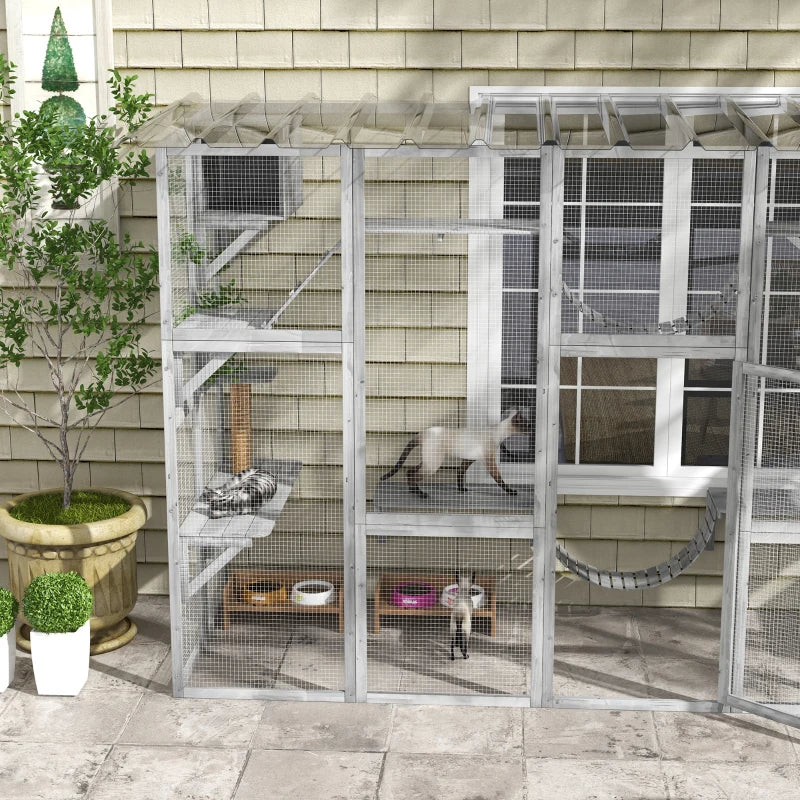Outdoor Cat Window Box Enclosure with Shelves & Bridges - Gray