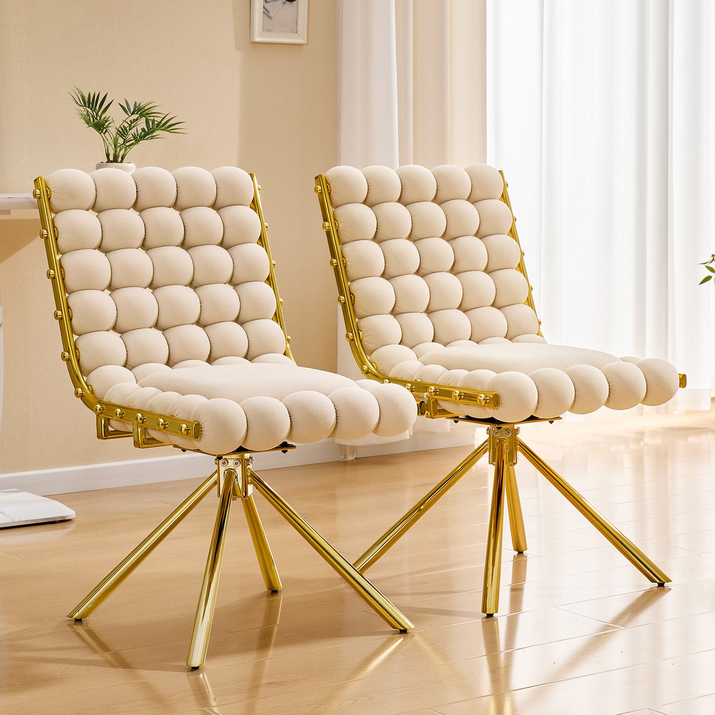 Set of 2 Cream Velvet Bubble Tufted Swivel Accent Chairs
