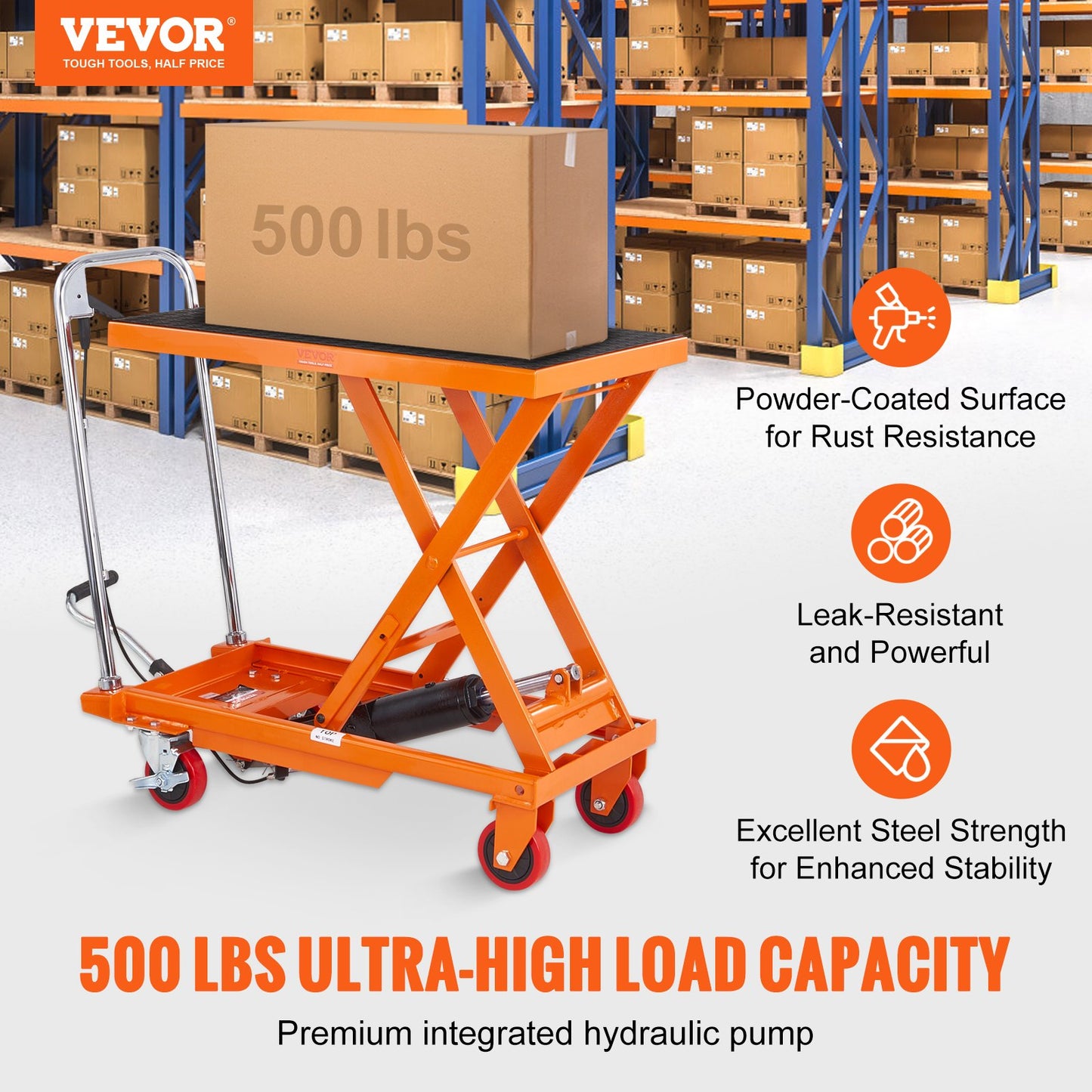 Hydraulic Lift Table Cart 500lb Capacity with Wheels & Non-Slip Pad - Orange