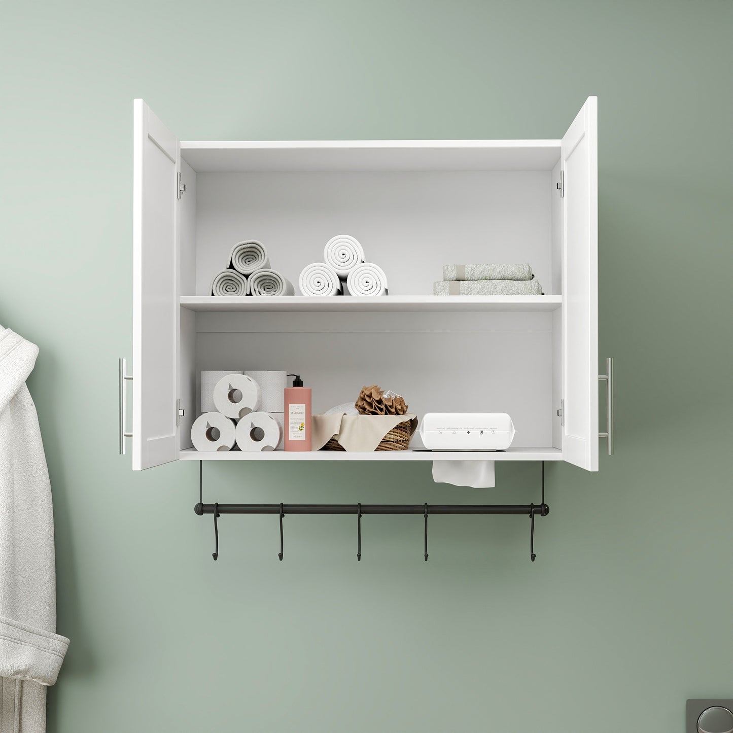 Over The Toilet Bathroom Wall Cabinet with Adjustable Shelf, Towel Bar & 5 Hooks - White