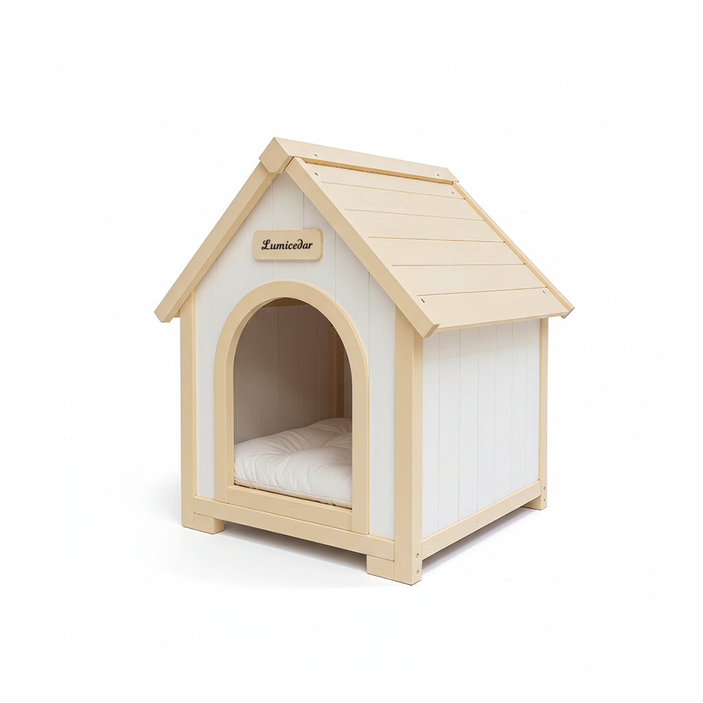 Indoor Wooden Dog House with EVA Cushion - Small Pet Shelter in Creamy White