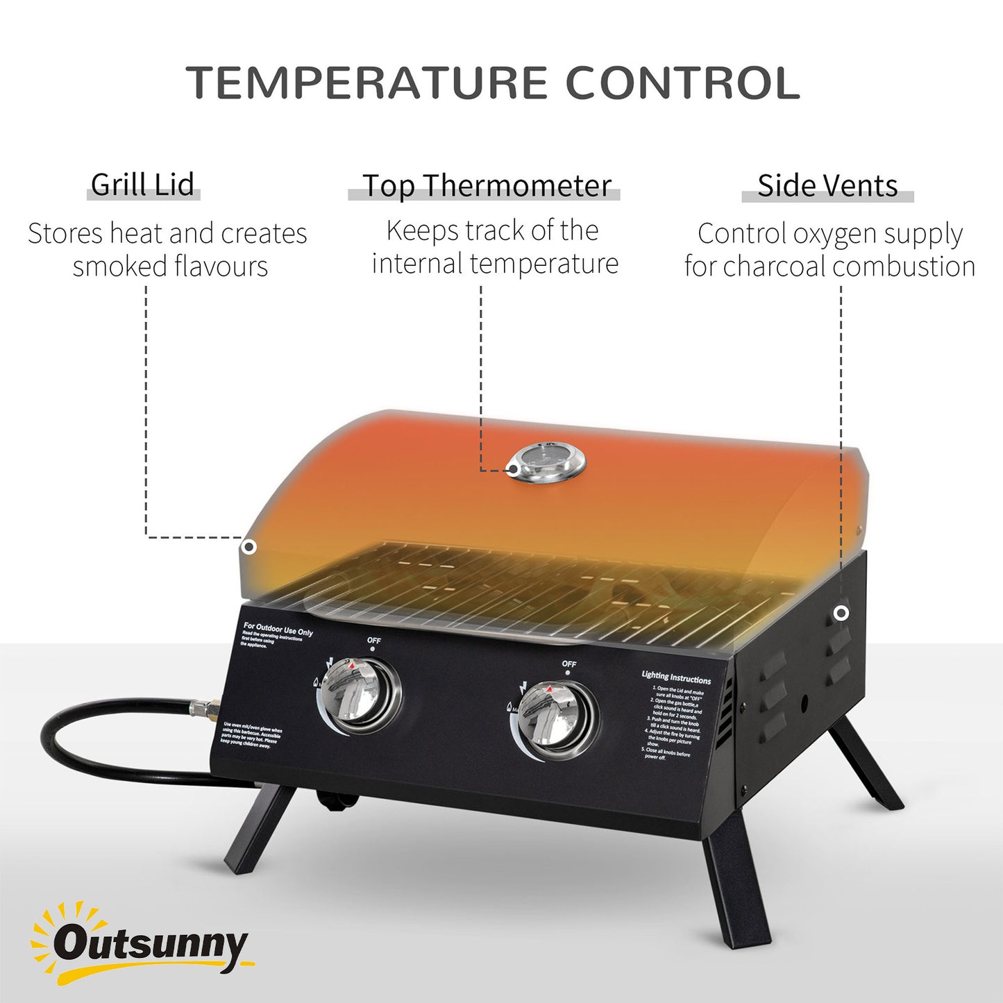 Portable Charcoal BBQ Grill with 2 Burners, Thermometer & Ashtray