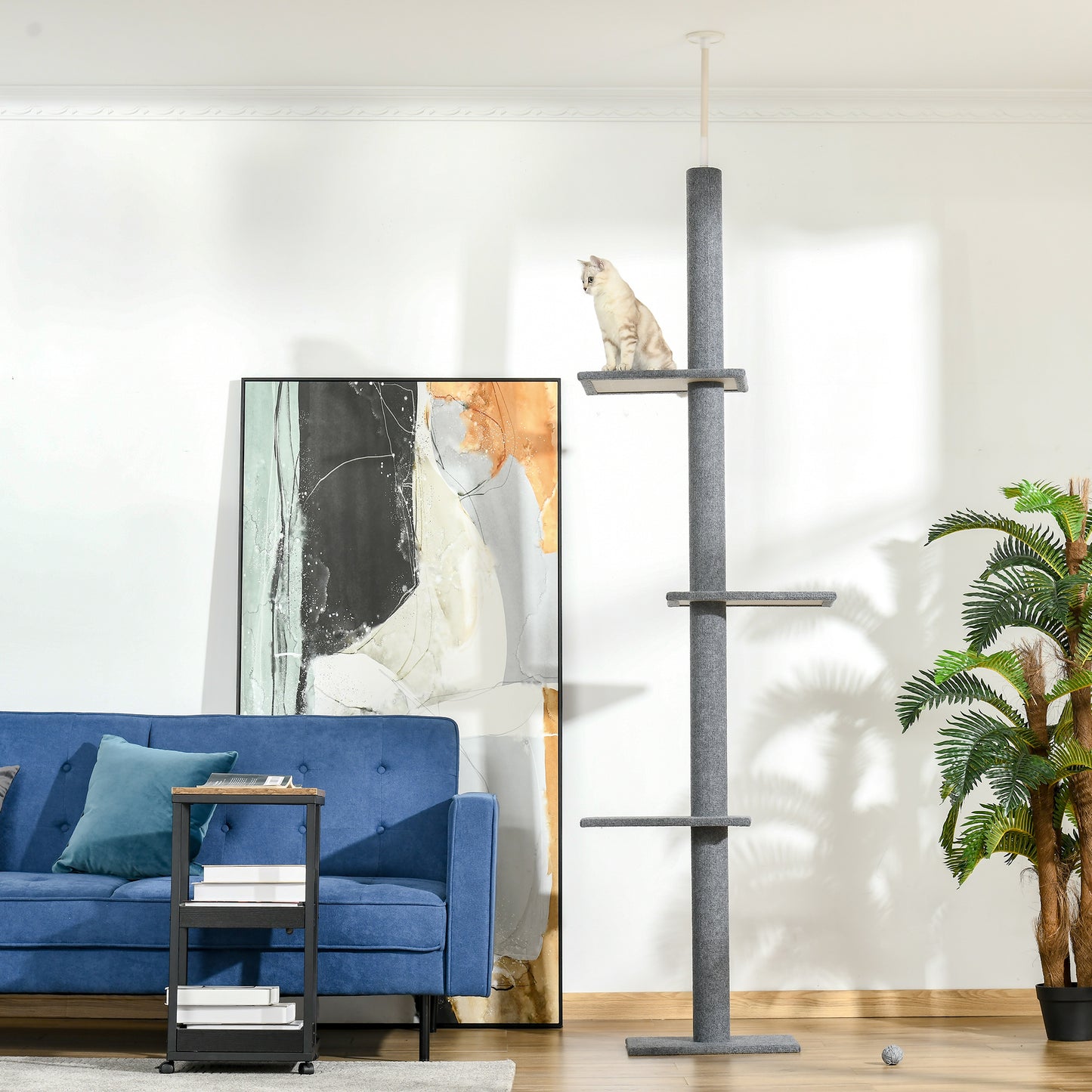 Floor-to-Ceiling Cat Tree Tower with Sisal Scratching Posts - Gray, Adjustable Height, 89.75" Tall